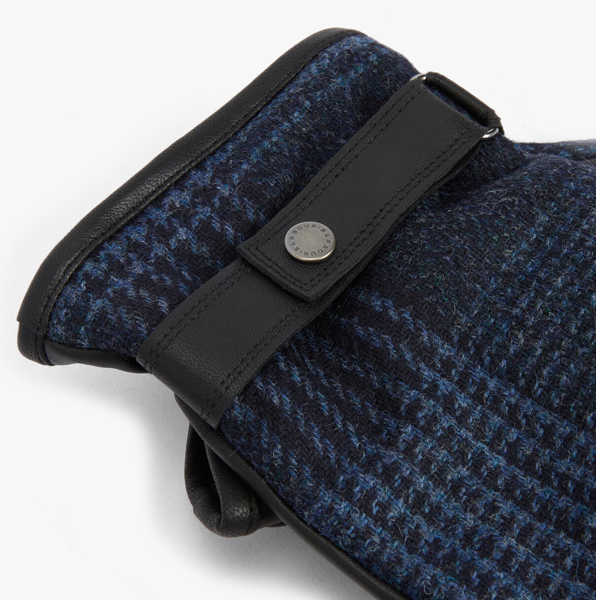 Barbour DEVERON TWEED WATERPROOF Mens Gloves Navy side view showing leather and tweed detail, brand stud on strap.