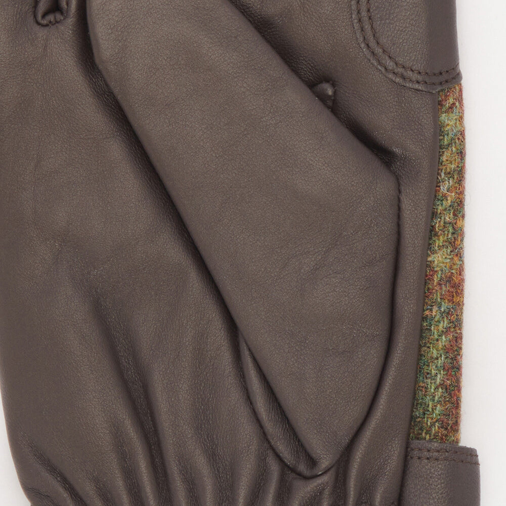 Barbour DEVERON TWEED GLOVE Mens Green Mix detail view showcasing leather and contrasting tweed material.