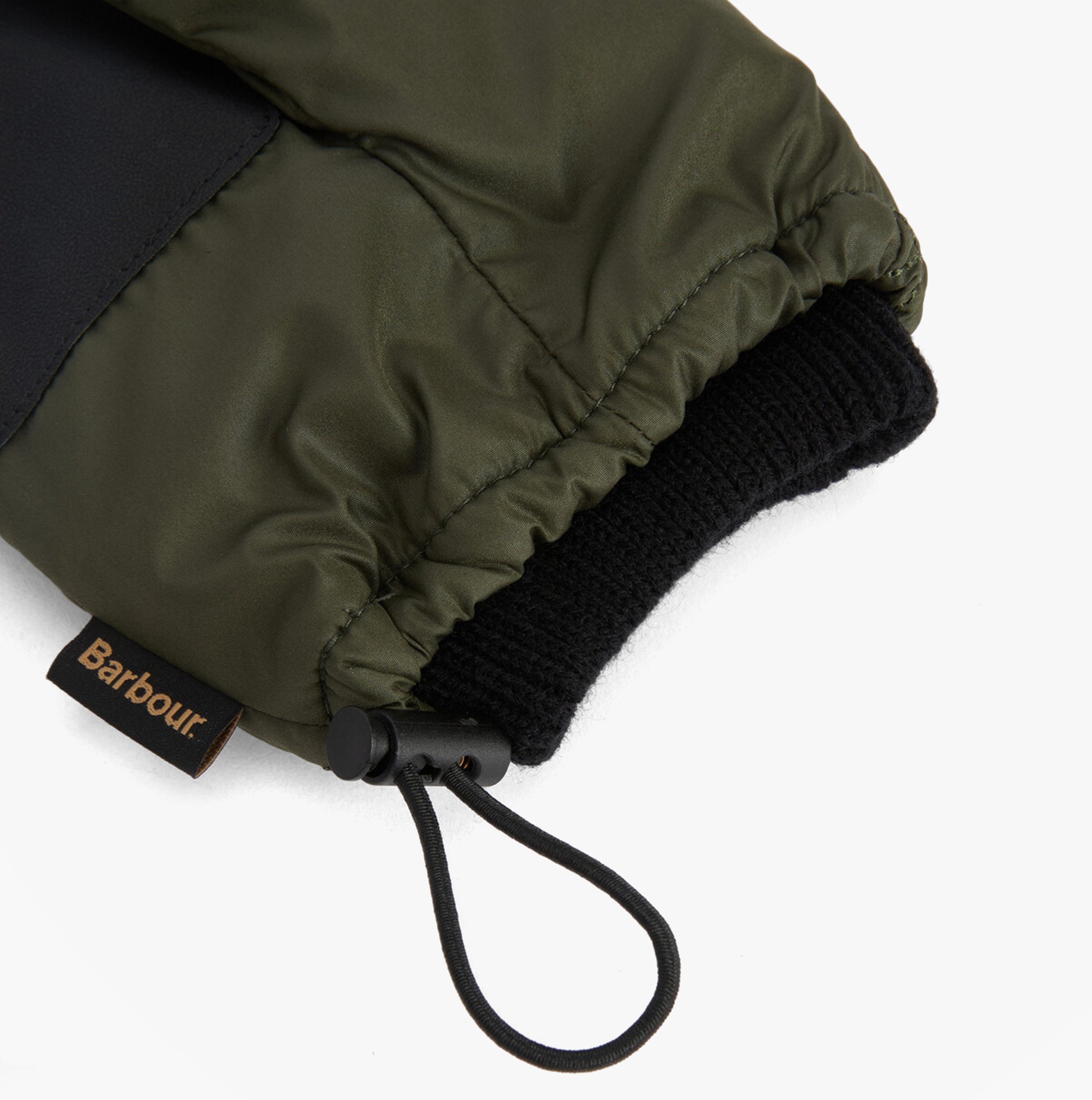 Barbour HARKER WATERPROOF Mens Gloves Forest detail view showing the cuff and Barbour branded label.