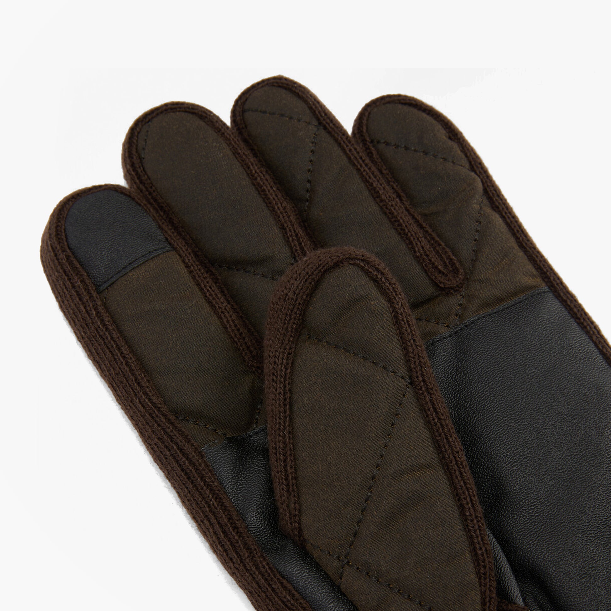 Barbour WESTERDALE Mens Gloves Olive detail view showing the quilted design and leather trim.