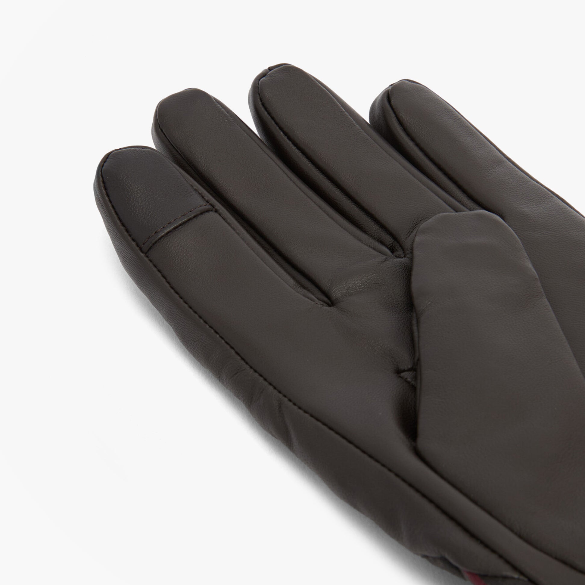 Barbour DARWEN TARTAN Mens Gloves Classic Tartan detail view showing dark brown leather texture.