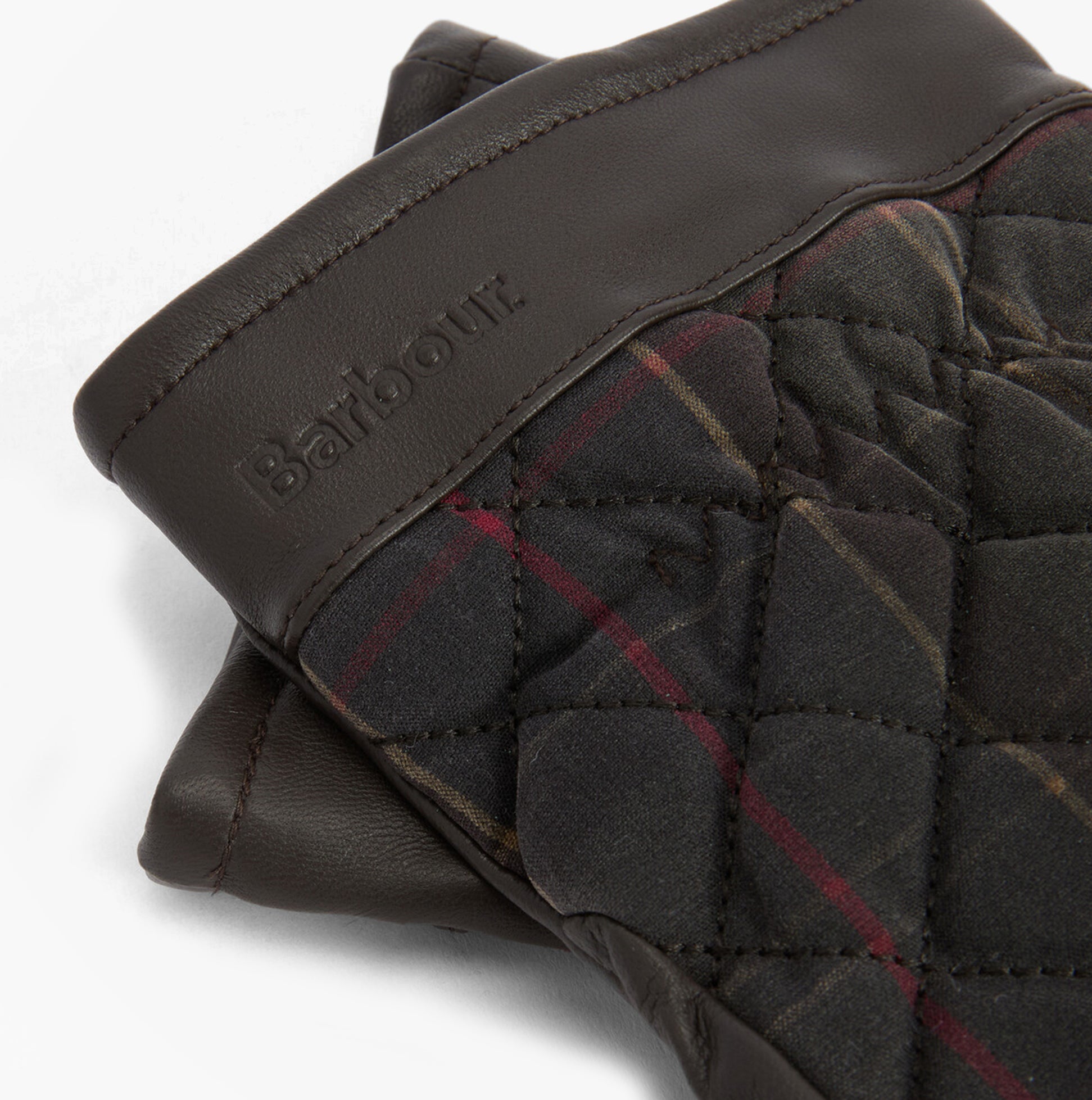 Barbour DARWEN TARTAN Mens Gloves Classic Tartan detail view featuring embossed logo and quilted design.