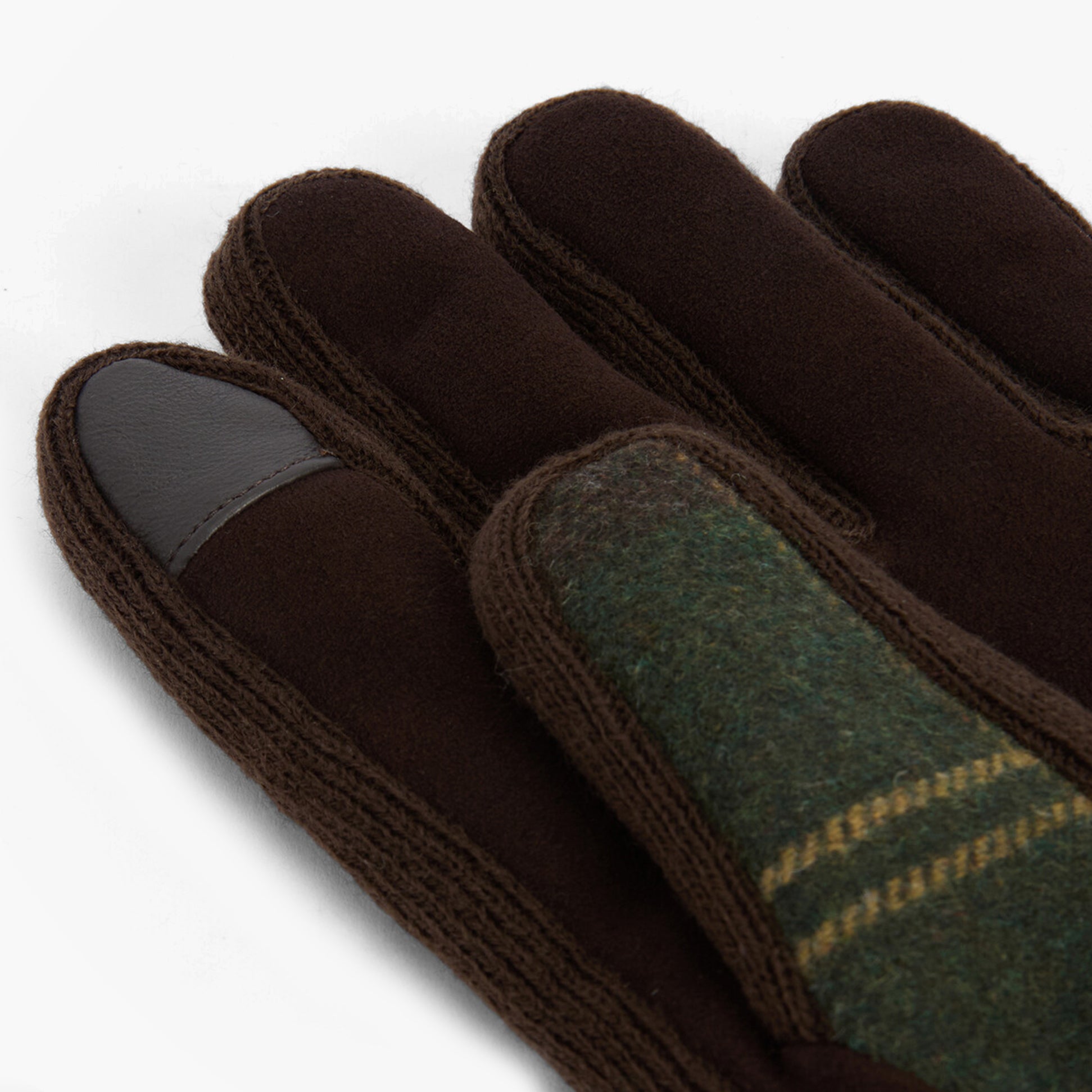 Barbour Field Fleece Mens Gloves Classic Tartan detail view showing waterproof membrane and touchscreen compatible tip.