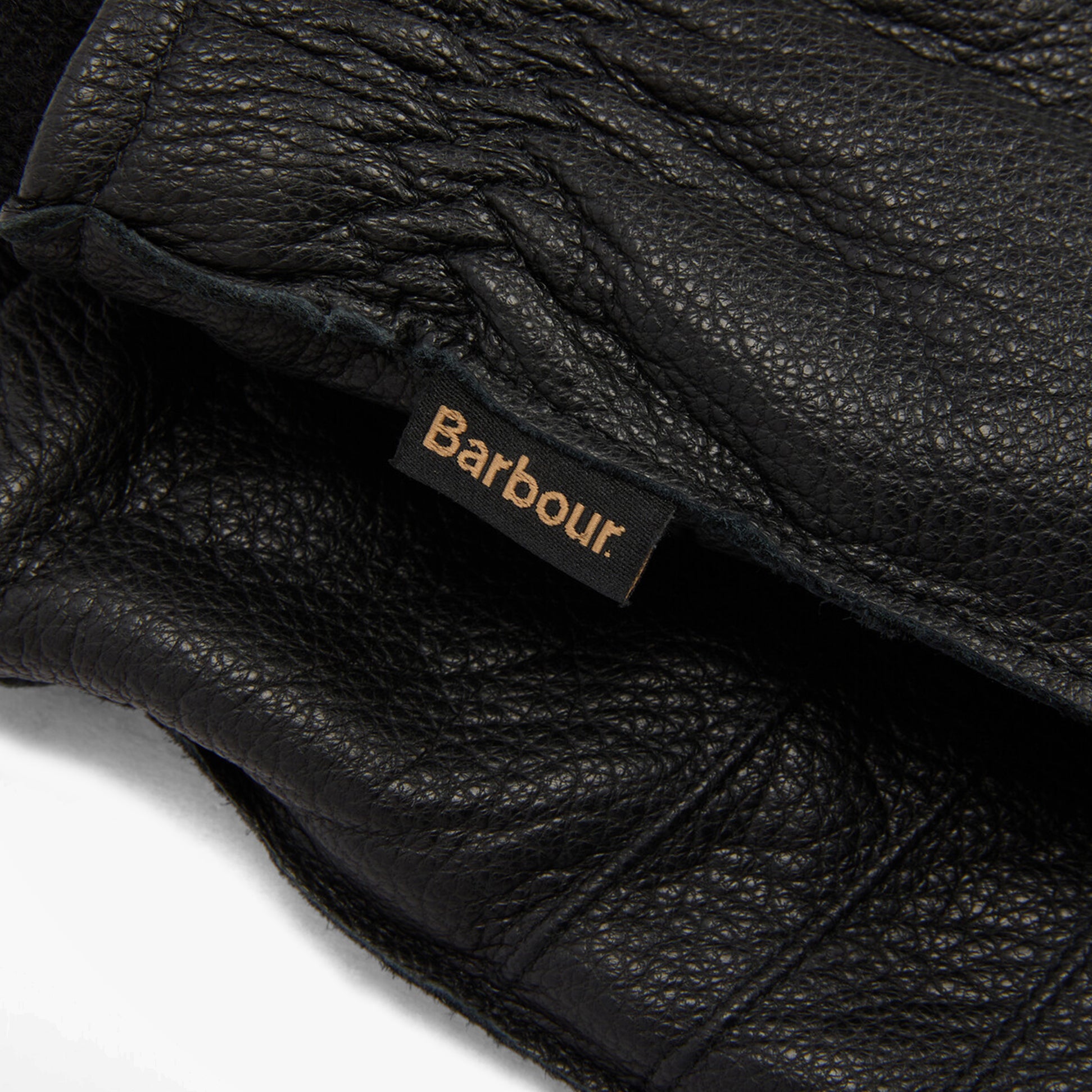 Barbour HIGHFIELD LEATHER Mens Gloves Black detail view showing leather texture and Barbour label