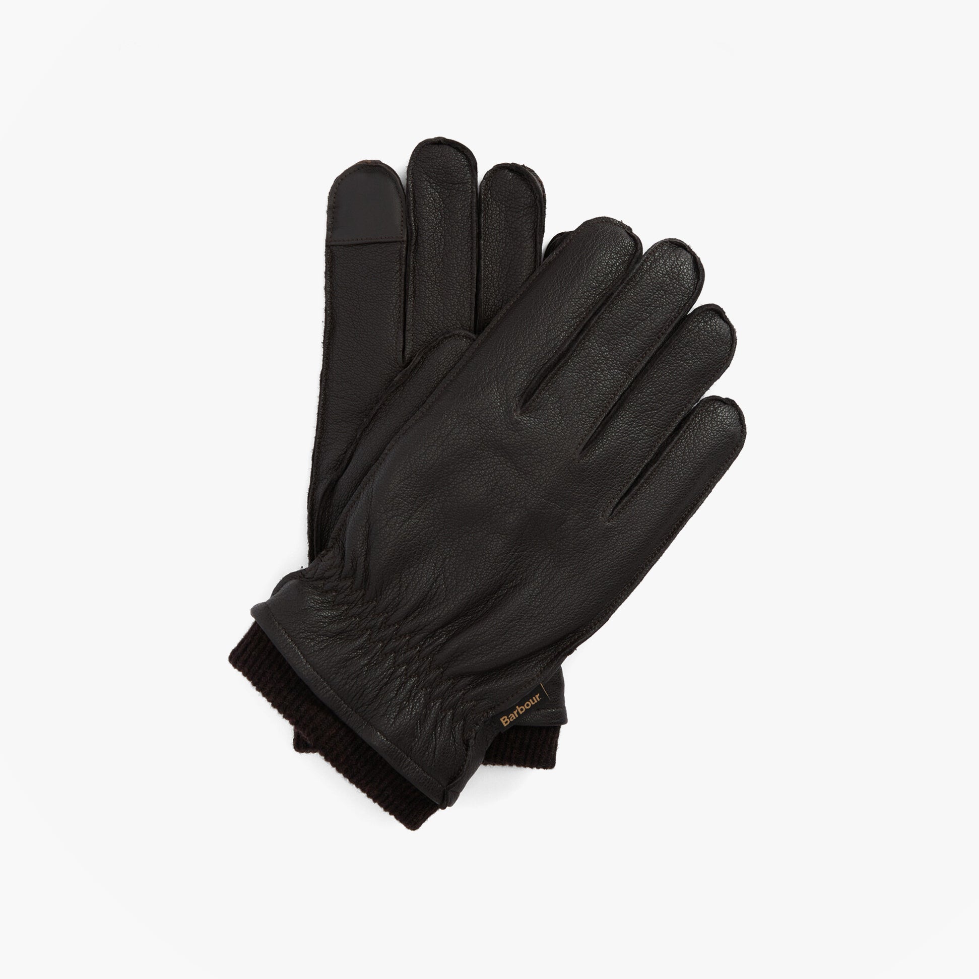 Barbour HIGHFIELD LEATHER Mens Gloves Dark Brown top view showing soft leather material and snug knit wrist detail.