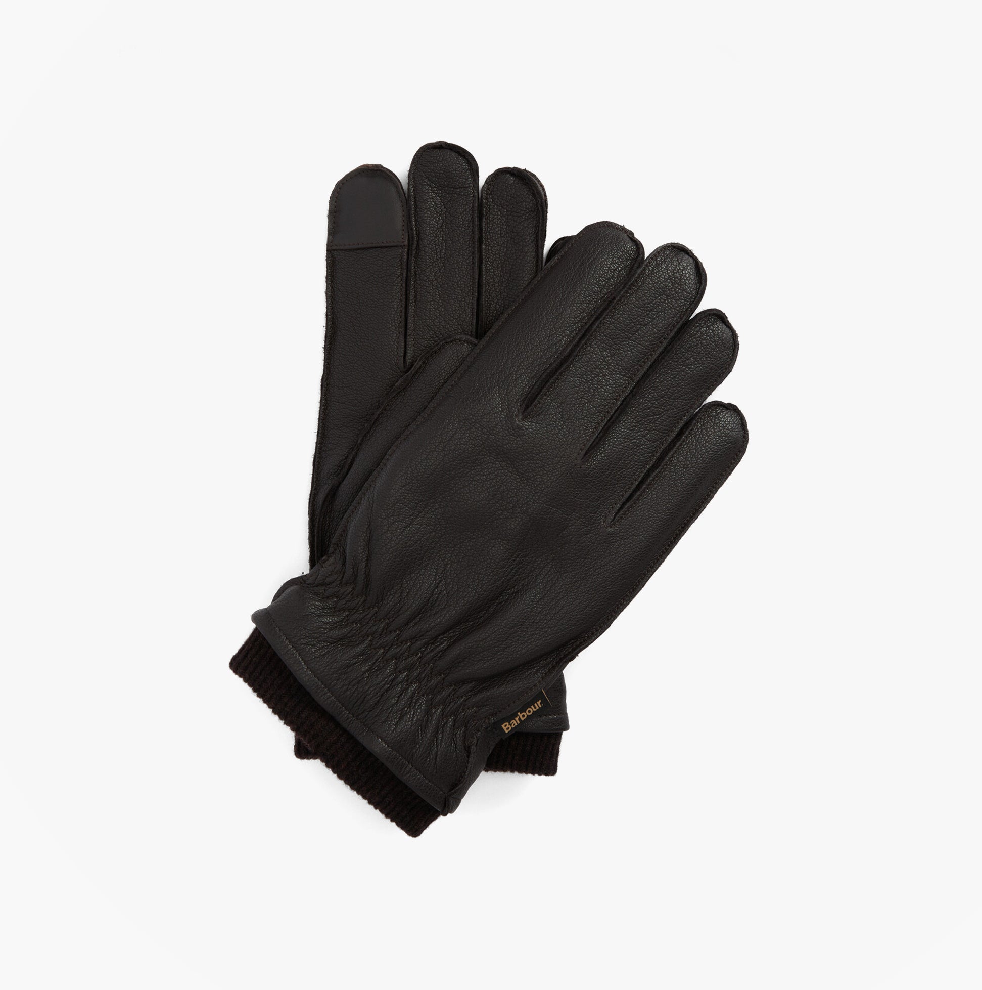 Barbour HIGHFIELD LEATHER Mens Gloves Dark Brown top view showing soft leather material and snug knit wrist detail.