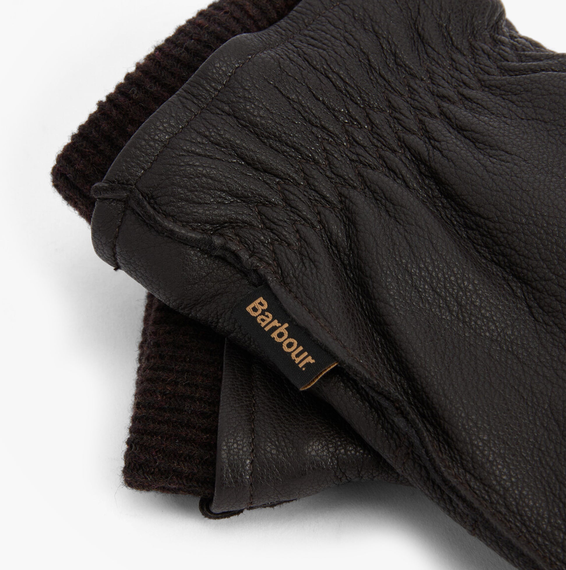 Barbour HIGHFIELD LEATHER Mens Gloves Dark Brown detail view showcasing leather texture and side flag label