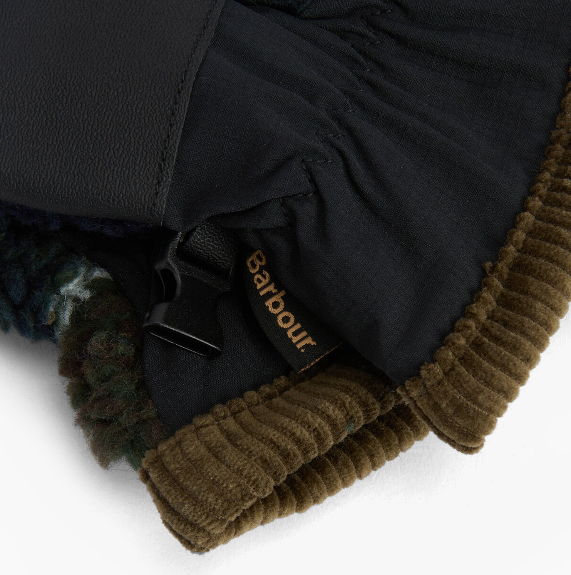 Barbour Field Tartan Mens Fleece Gloves Classic Tartan detail view showing cord binding and Barbour label.