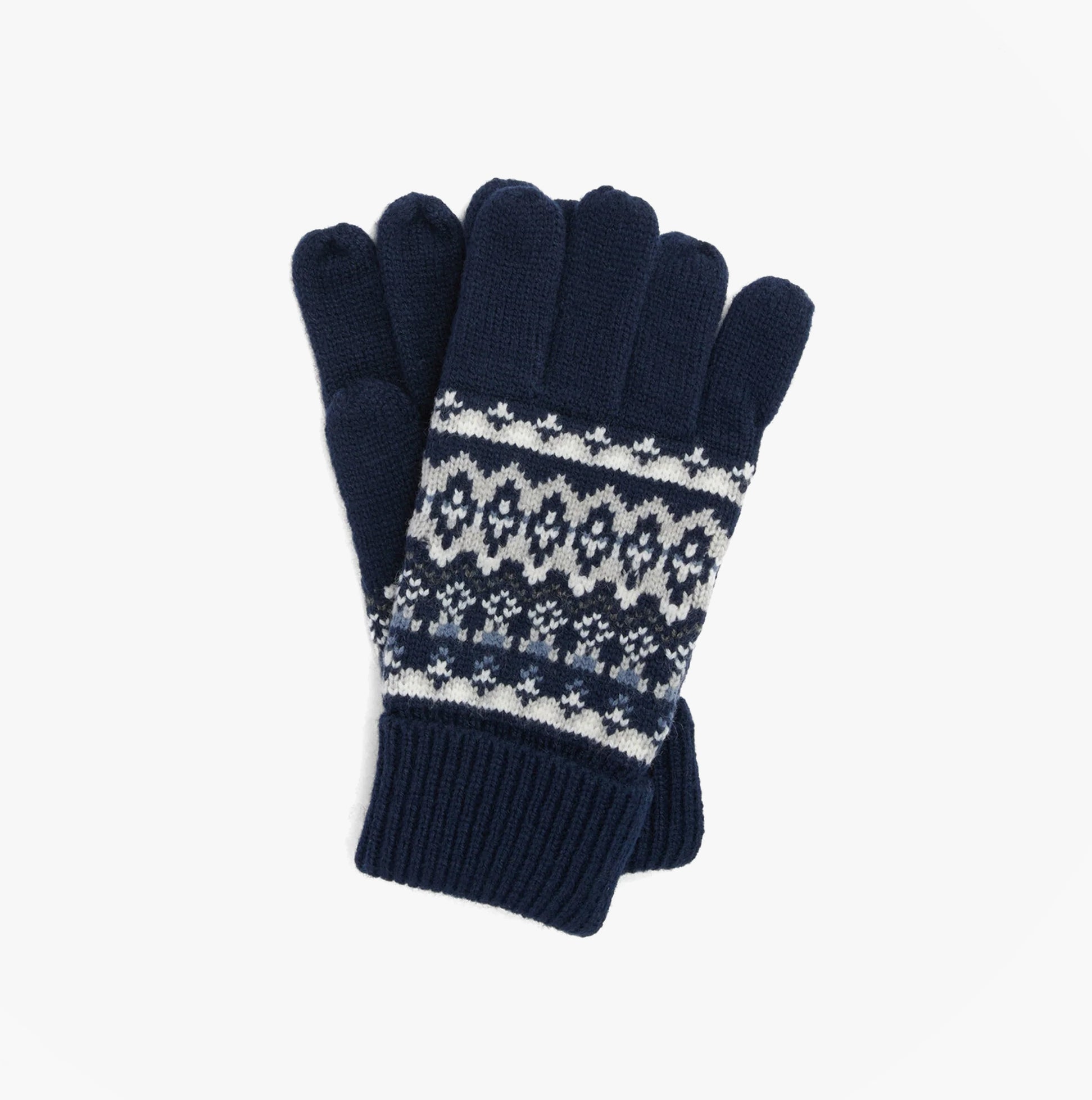Barbour MARLOW FAIR ISLE KNITTED Mens Gloves Navy, top view showcasing Fair Isle pattern and ribbed cuff.