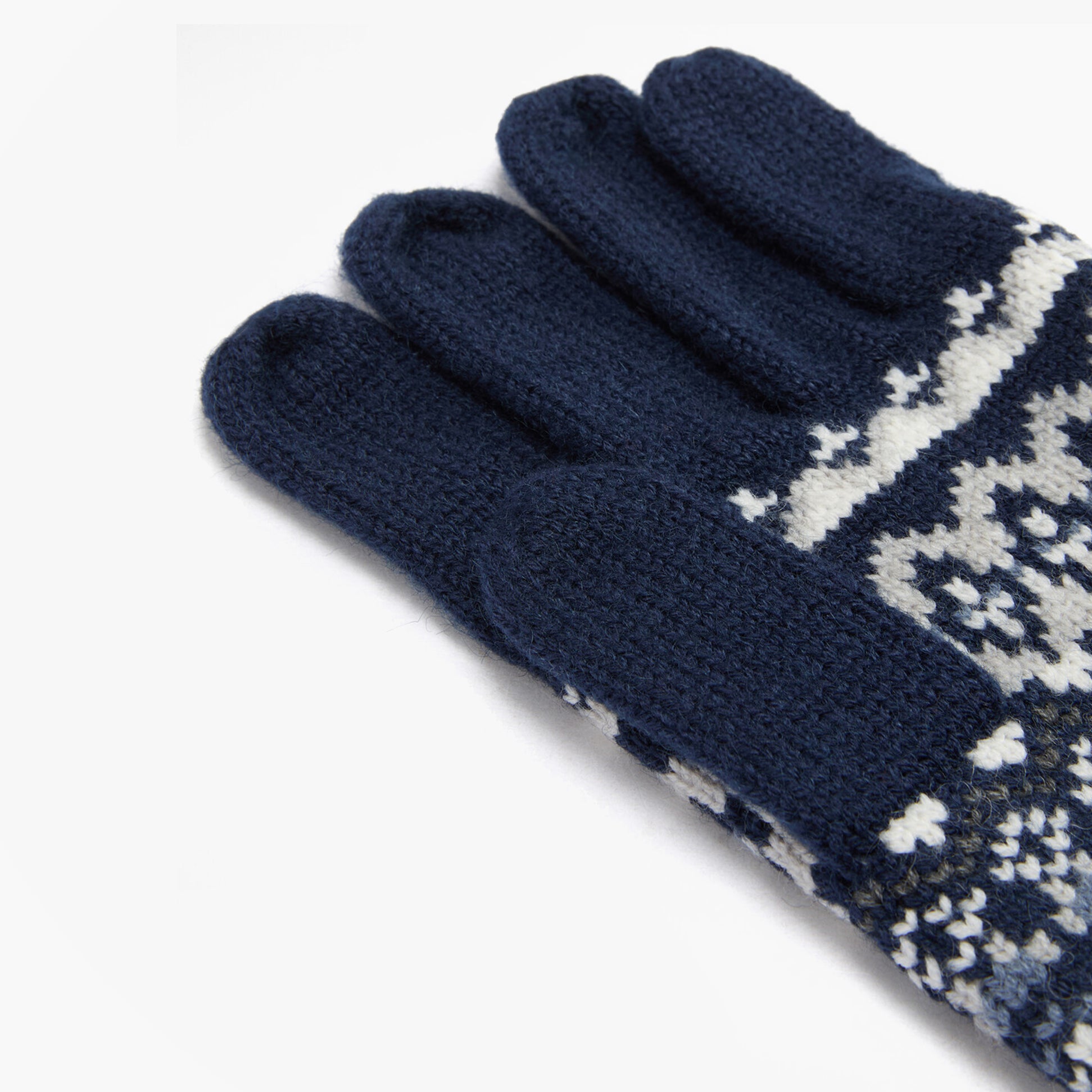 Barbour MARLOW FAIR ISLE KNITTED Mens Gloves Navy detail view showing intricate knitted design and soft fabric.