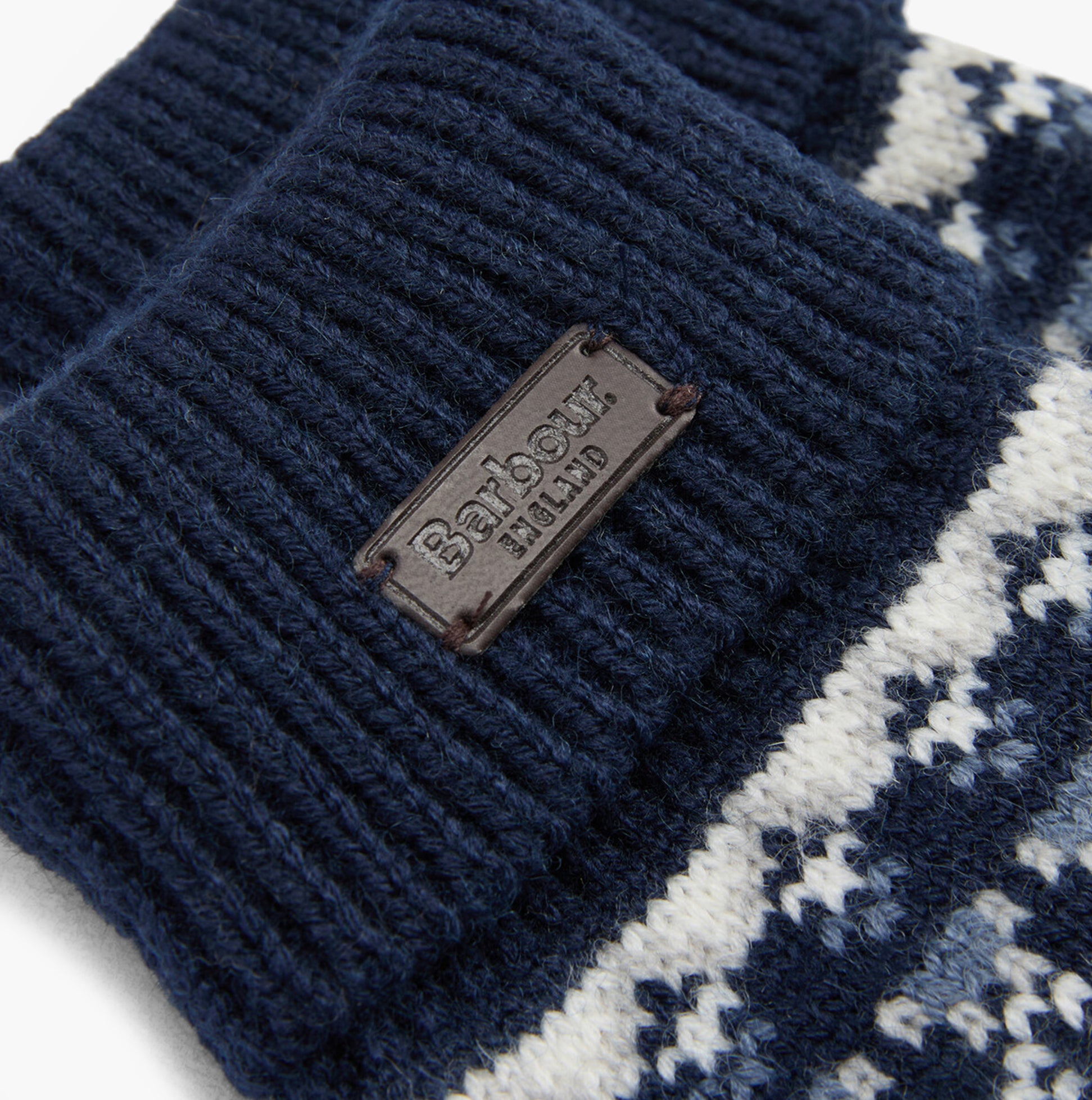 Barbour MARLOW FAIR ISLE KNITTED Mens Gloves Navy detail view of the fabric and branding tag