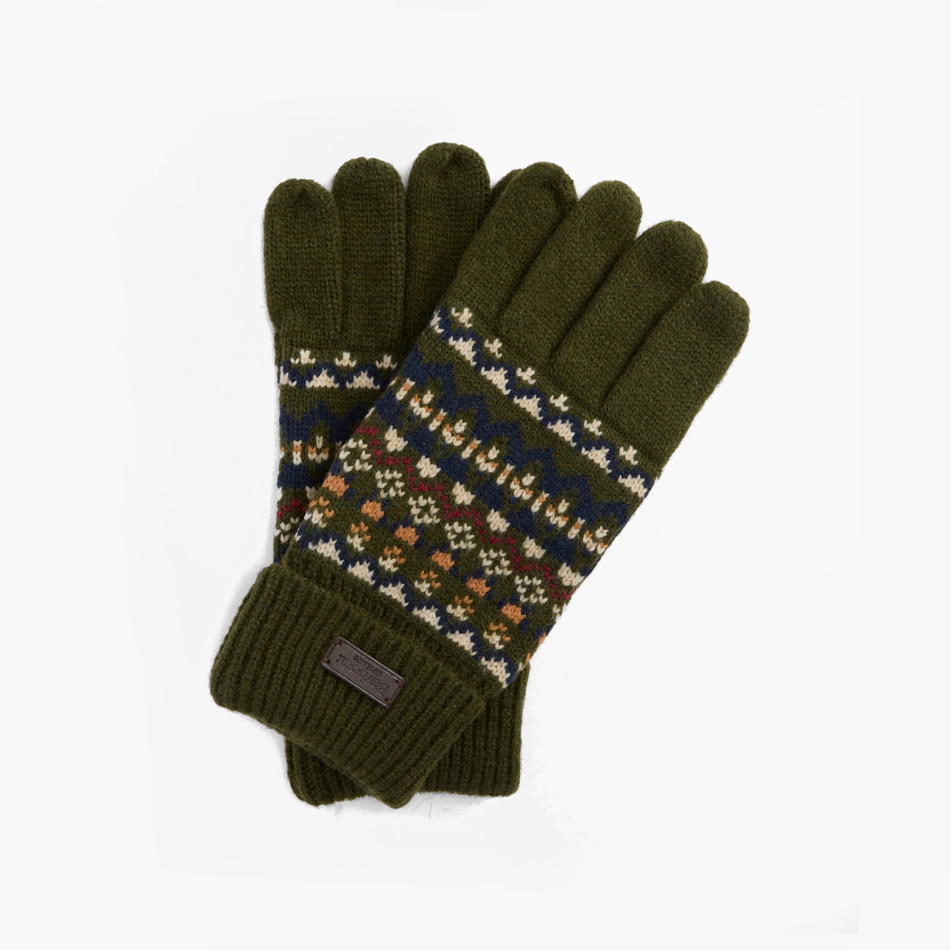 Barbour MARLOW FAIR ISLE KNITTED Mens Gloves Olive top view showcasing intricate Fair Isle pattern and warm olive color.