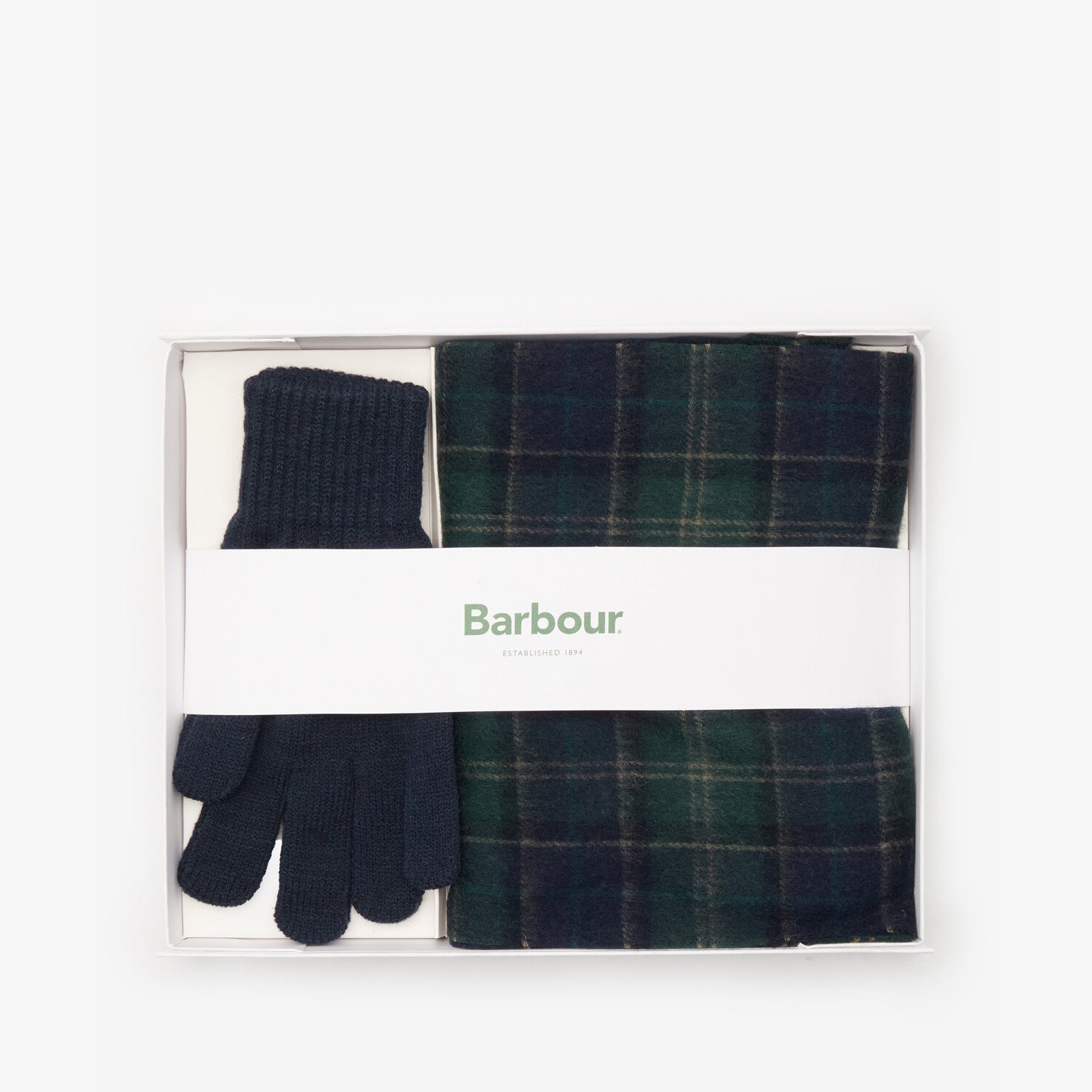 Barbour TARTAN SCARF & GLOVE Gift Set Mens Green Loch Tartan in gift box, featuring glove and scarf.
