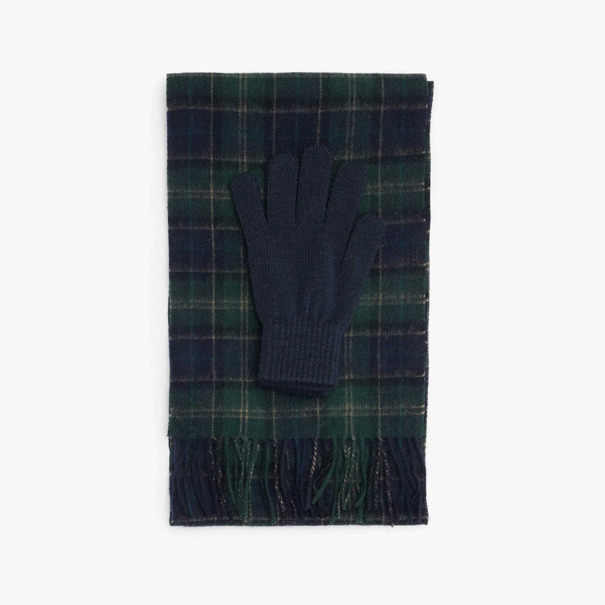 Barbour TARTAN SCARF & GLOVE Gift Set Mens Green Loch Tartan top view showing scarf and glove.