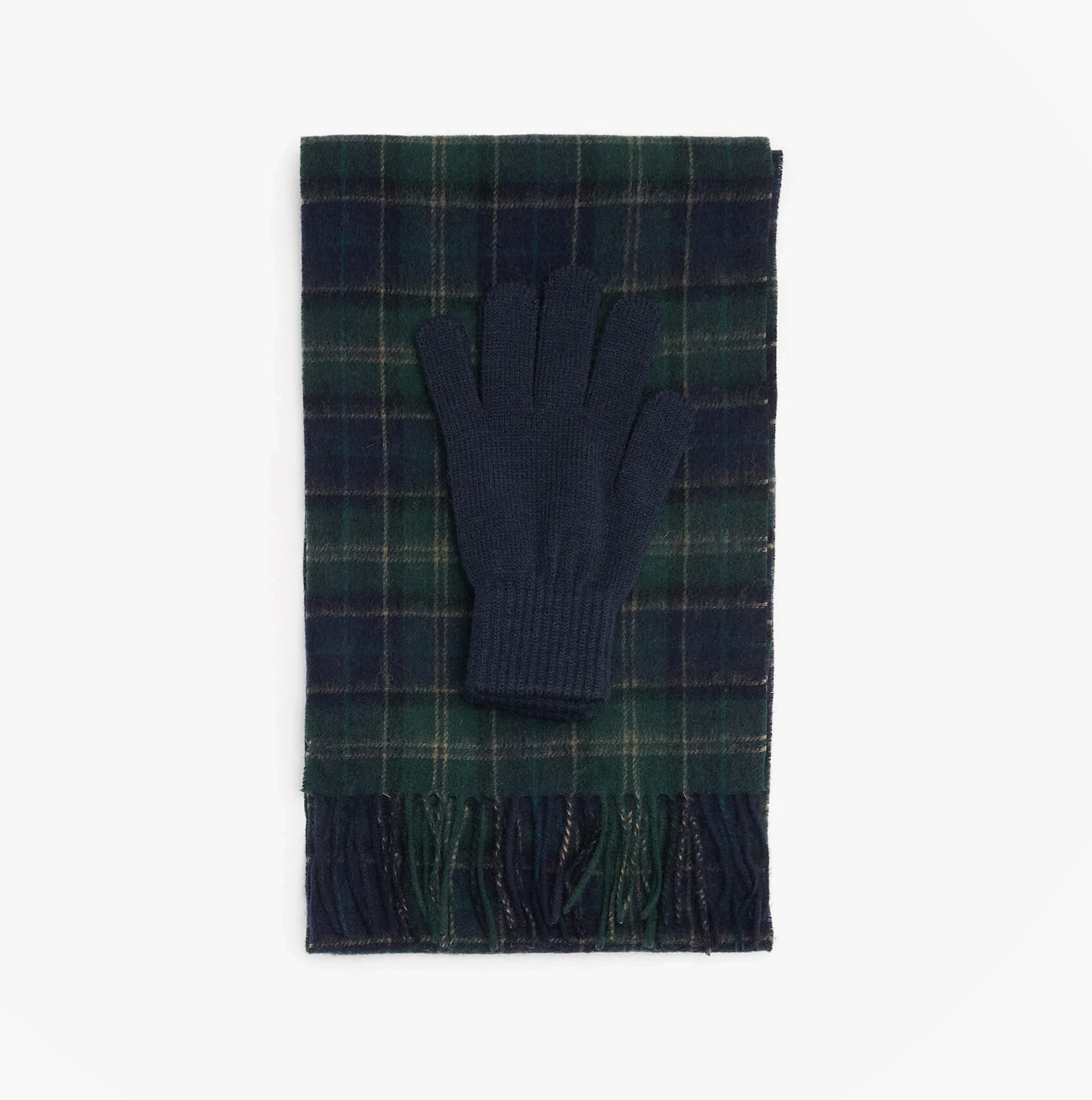 Barbour TARTAN SCARF & GLOVE Gift Set Mens Green Loch Tartan top view showing scarf and glove.