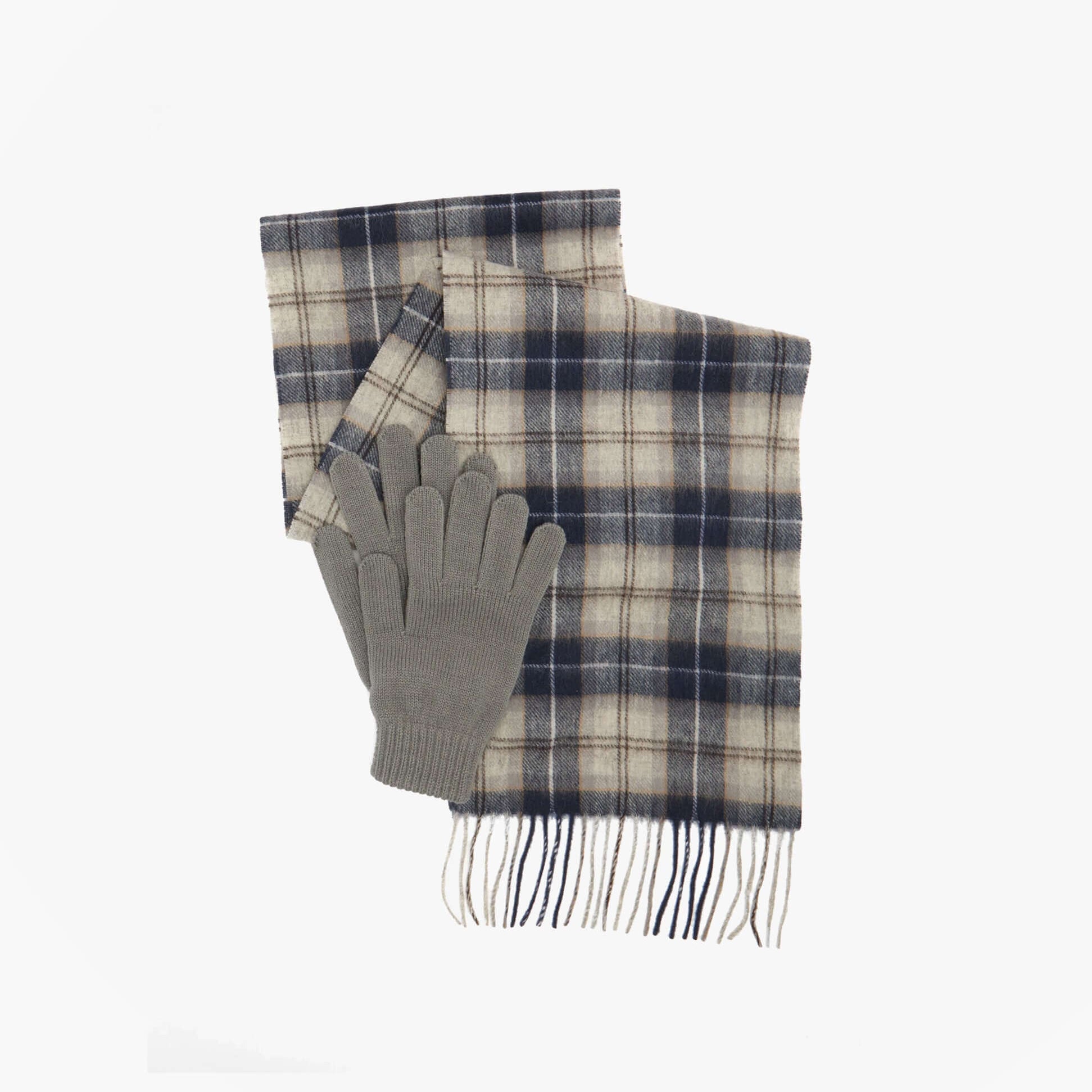 Barbour TARTAN SCARF AND GLOVE Mens Gift Set Grey Midnight, flat lay view showing scarf and gloves.