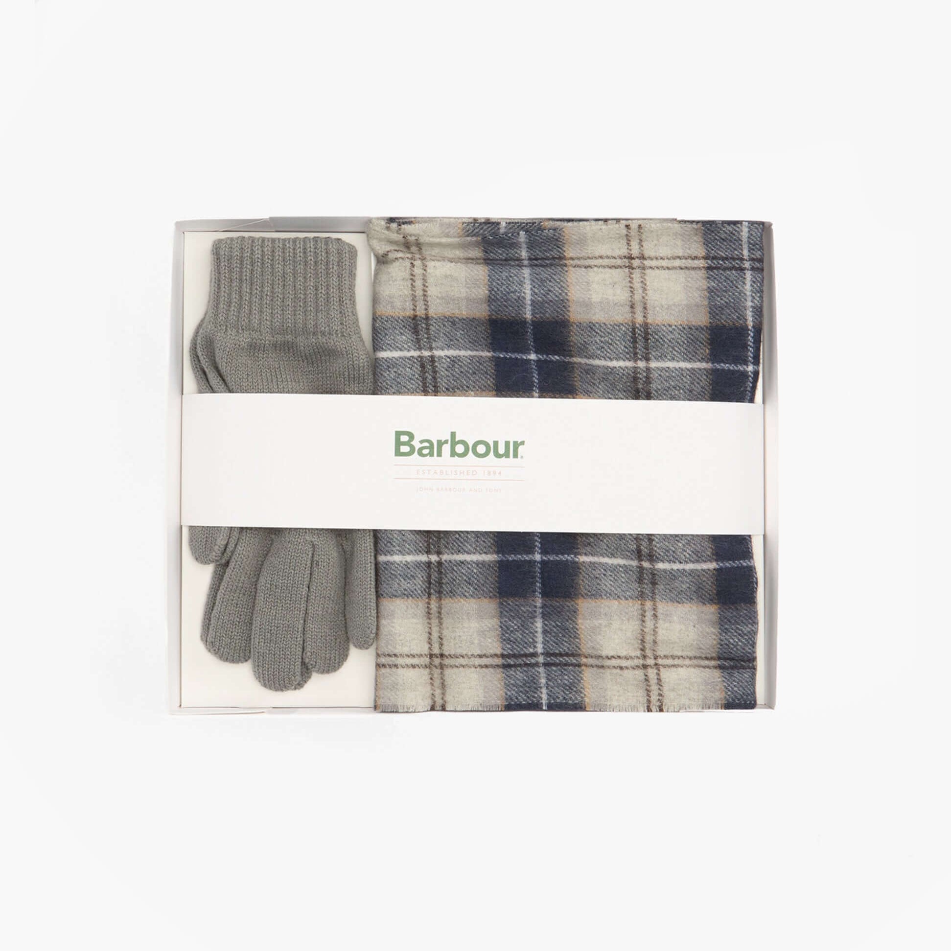 Barbour TARTAN SCARF AND GLOVE Mens Gift Set Grey Midnight in a gift box, showcasing scarf and gloves.