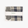 Barbour TARTAN SCARF AND GLOVE Mens Gift Set Grey Midnight in a gift box, showcasing scarf and gloves.