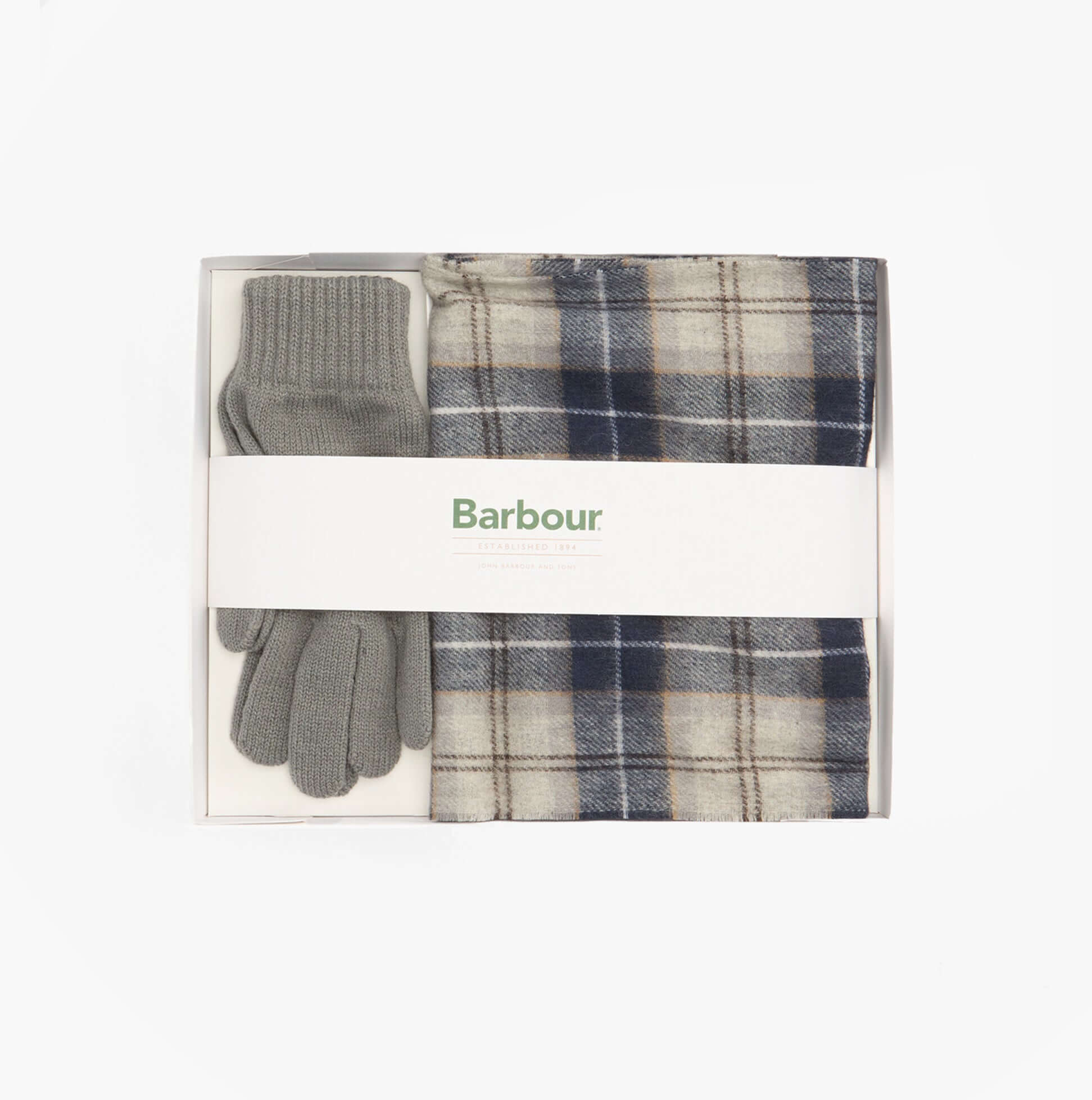 Barbour TARTAN SCARF AND GLOVE Mens Gift Set Grey Midnight in a gift box, showcasing scarf and gloves.