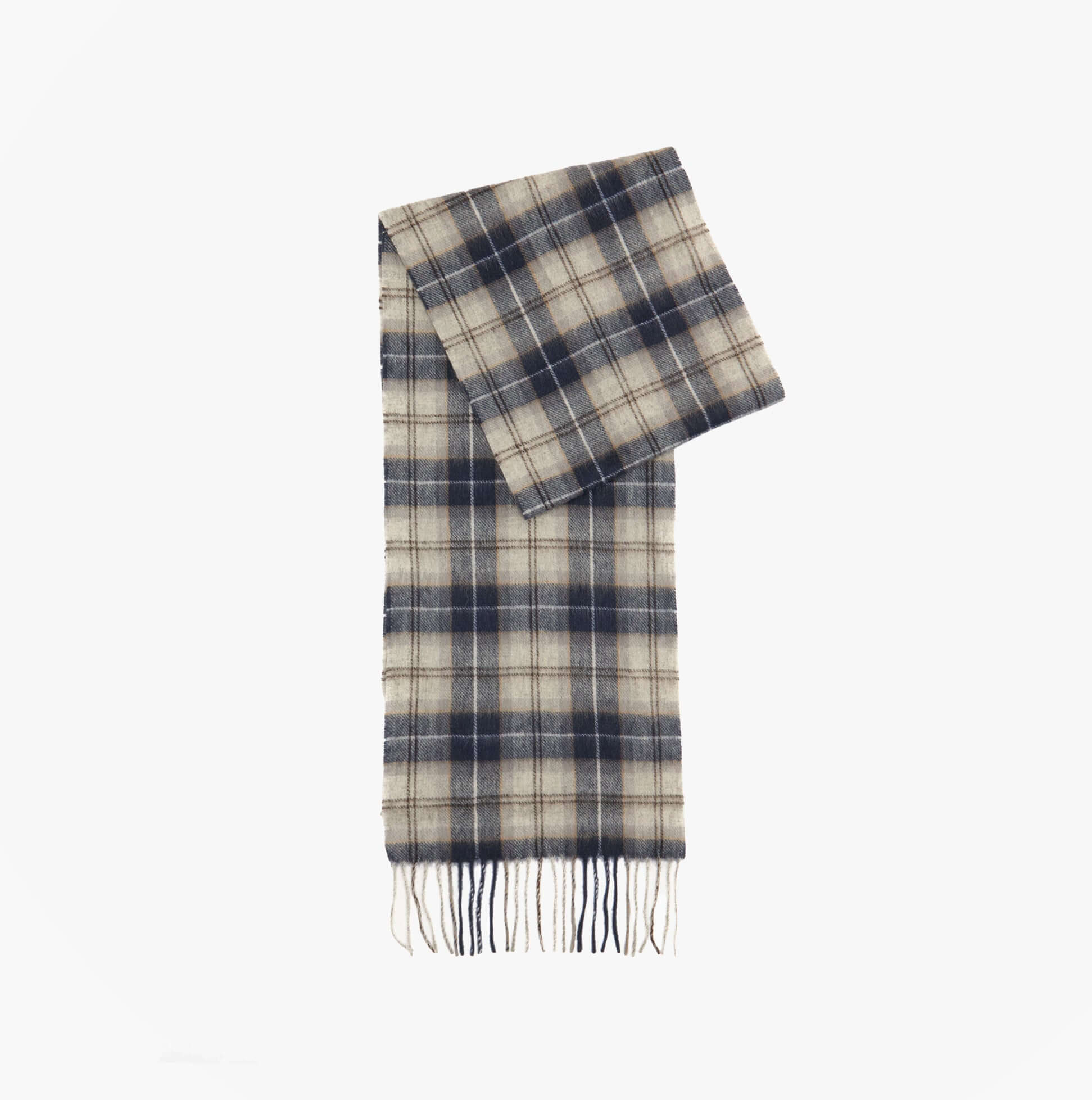 Barbour TARTAN SCARF AND GLOVE Mens Gift Set Grey Midnight, front view of grey and midnight plaid wool scarf.