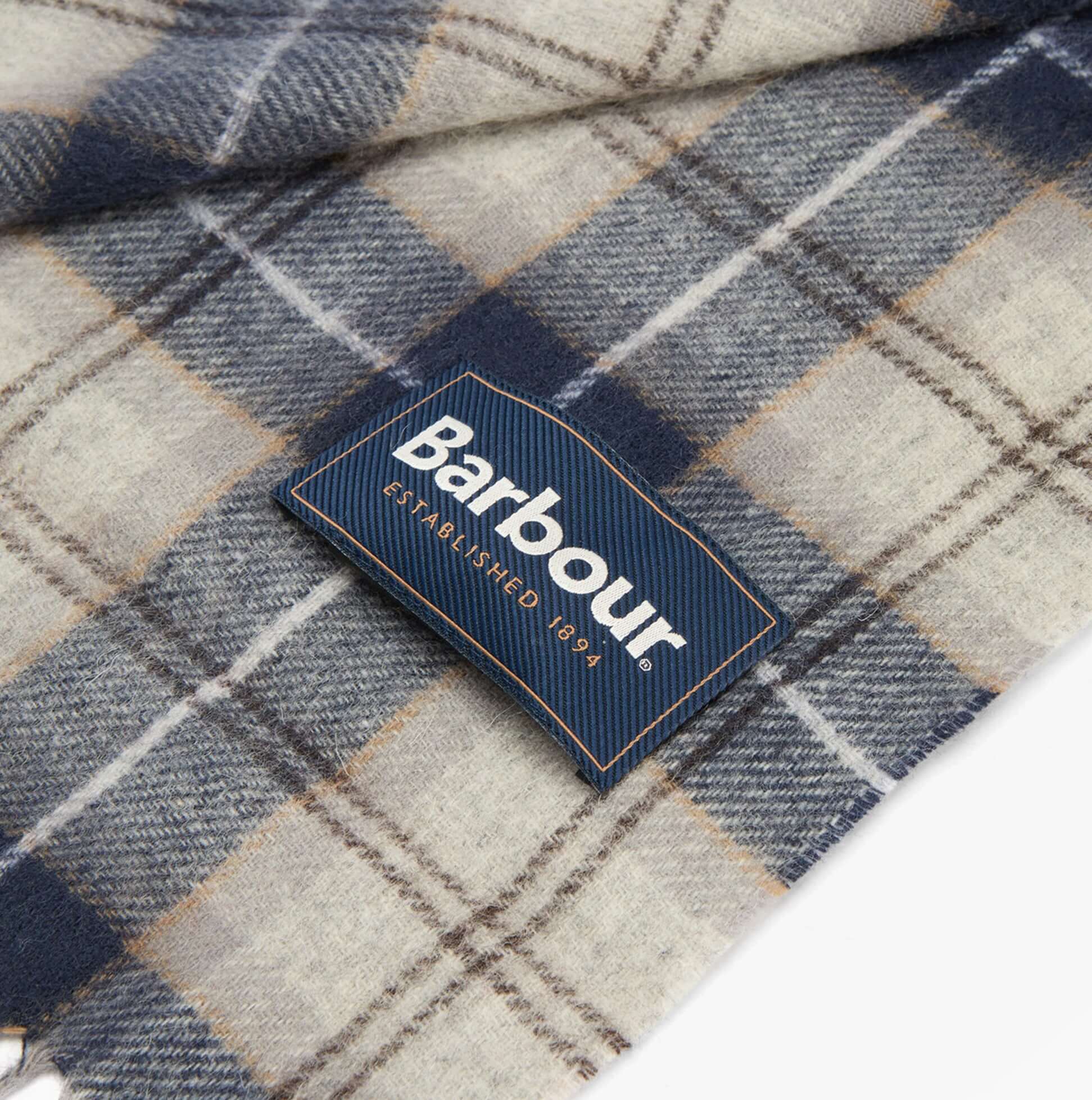 Barbour TARTAN SCARF AND GLOVE Mens Gift Set Grey Midnight detail view of scarf fabric featuring logo