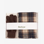 Barbour TARTAN SCARF & GLOVE Gift Set Mens Autumn Dress in premium gift box, featuring a brown scarf and gloves.
