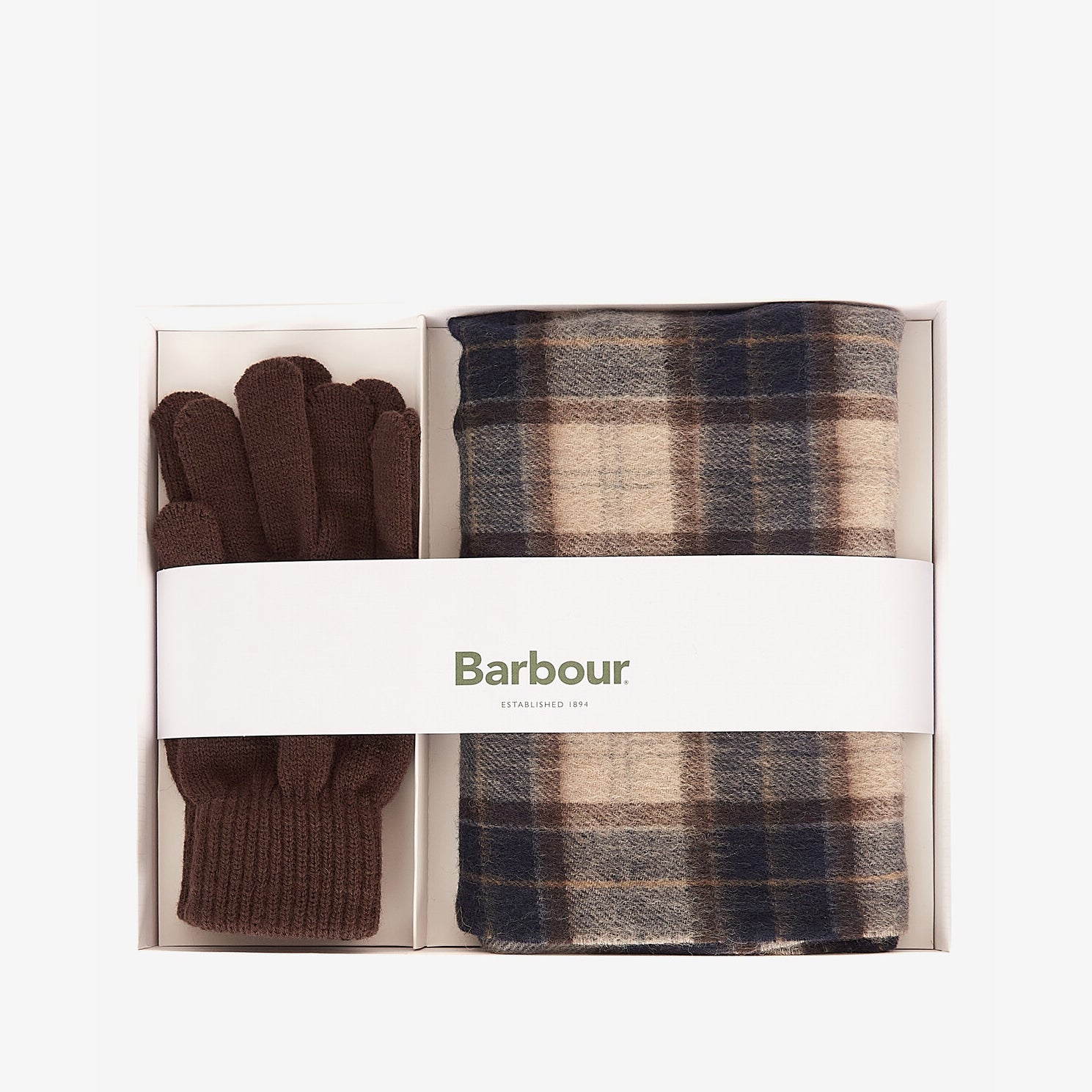 Barbour TARTAN SCARF & GLOVE Gift Set Mens Autumn Dress in premium gift box, featuring a brown scarf and gloves.