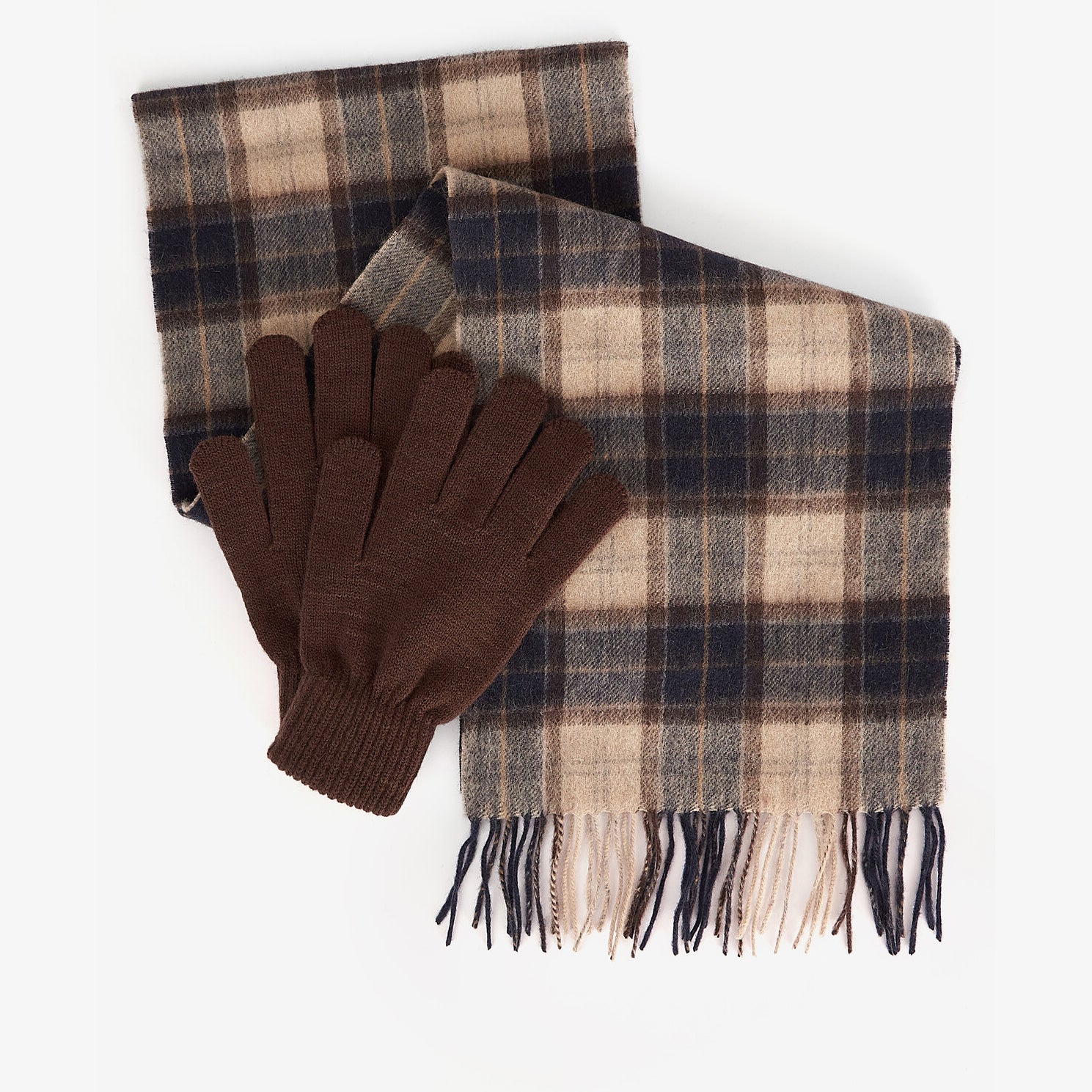 Barbour TARTAN SCARF & GLOVE Gift Set Mens Autumn Dress displayed flat showing tartan scarf and brown gloves.