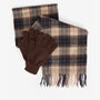 Barbour TARTAN SCARF & GLOVE Gift Set Mens Autumn Dress displayed flat showing tartan scarf and brown gloves.