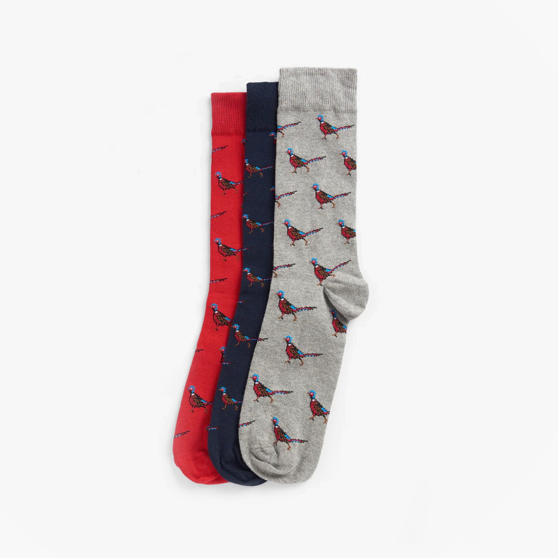 Barbour PHEASANT SOCKS Mens Gift Box three pairs in red, navy, and grey with bird design, side view.