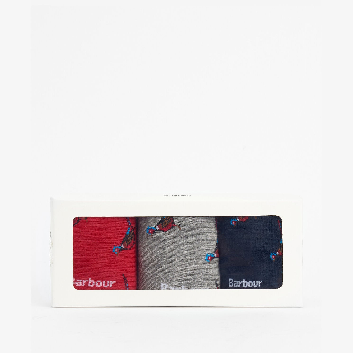 Barbour PHEASANT SOCKS Mens Gift Box featuring red, grey, and navy crew socks in gift packaging, front view.