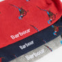 Barbour PHEASANT SOCKS Mens Gift Box detail view of three crew socks in red, navy, and grey with pheasant design.