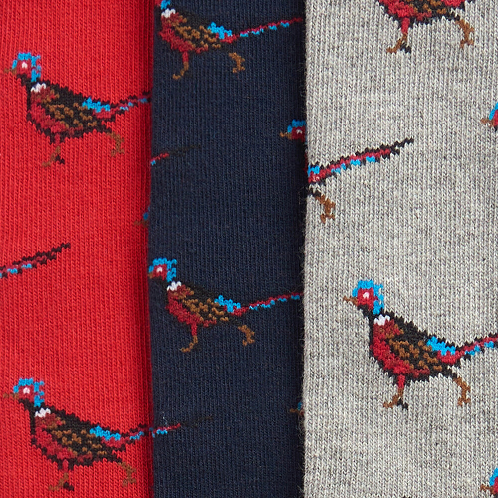 Barbour PHEASANT SOCKS Mens Gift Box front view detail of three colorful sock designs featuring pheasant patterns.