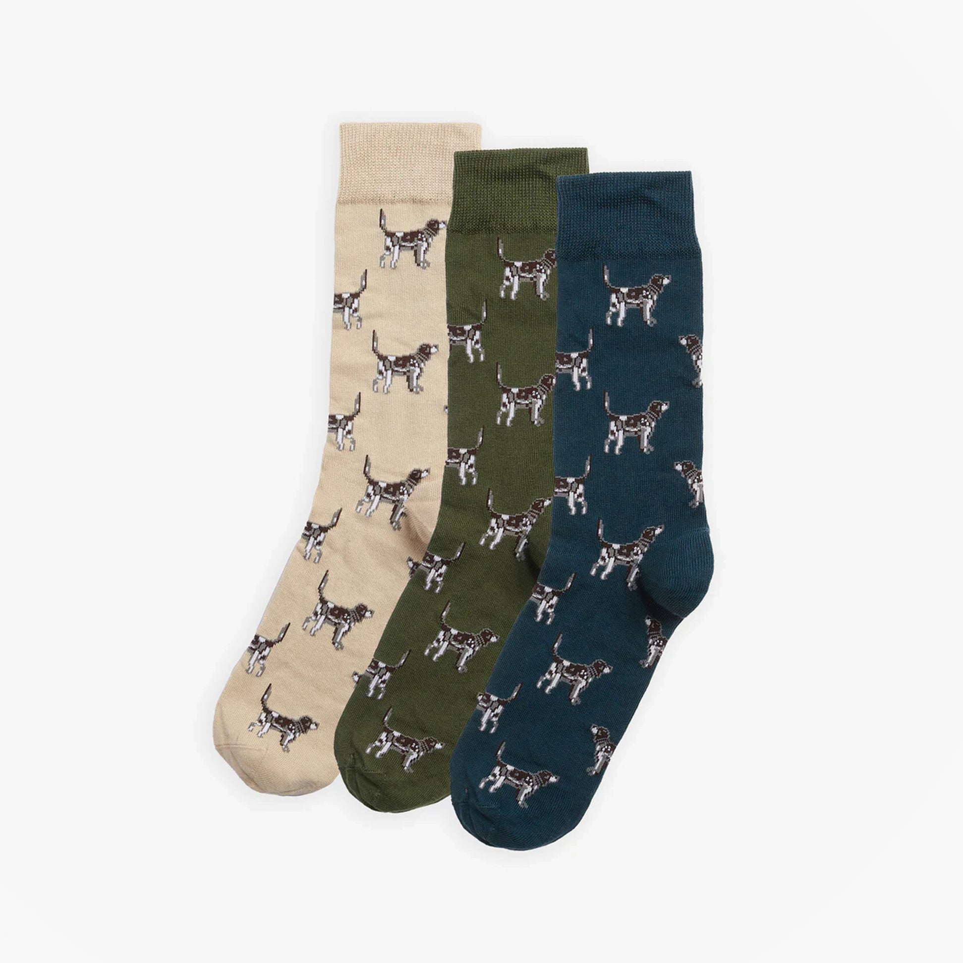 Barbour POINTER DOG SOCKS Mens Gift Box Forest Mist, front view of three patterned crew socks in beige, green, and navy.