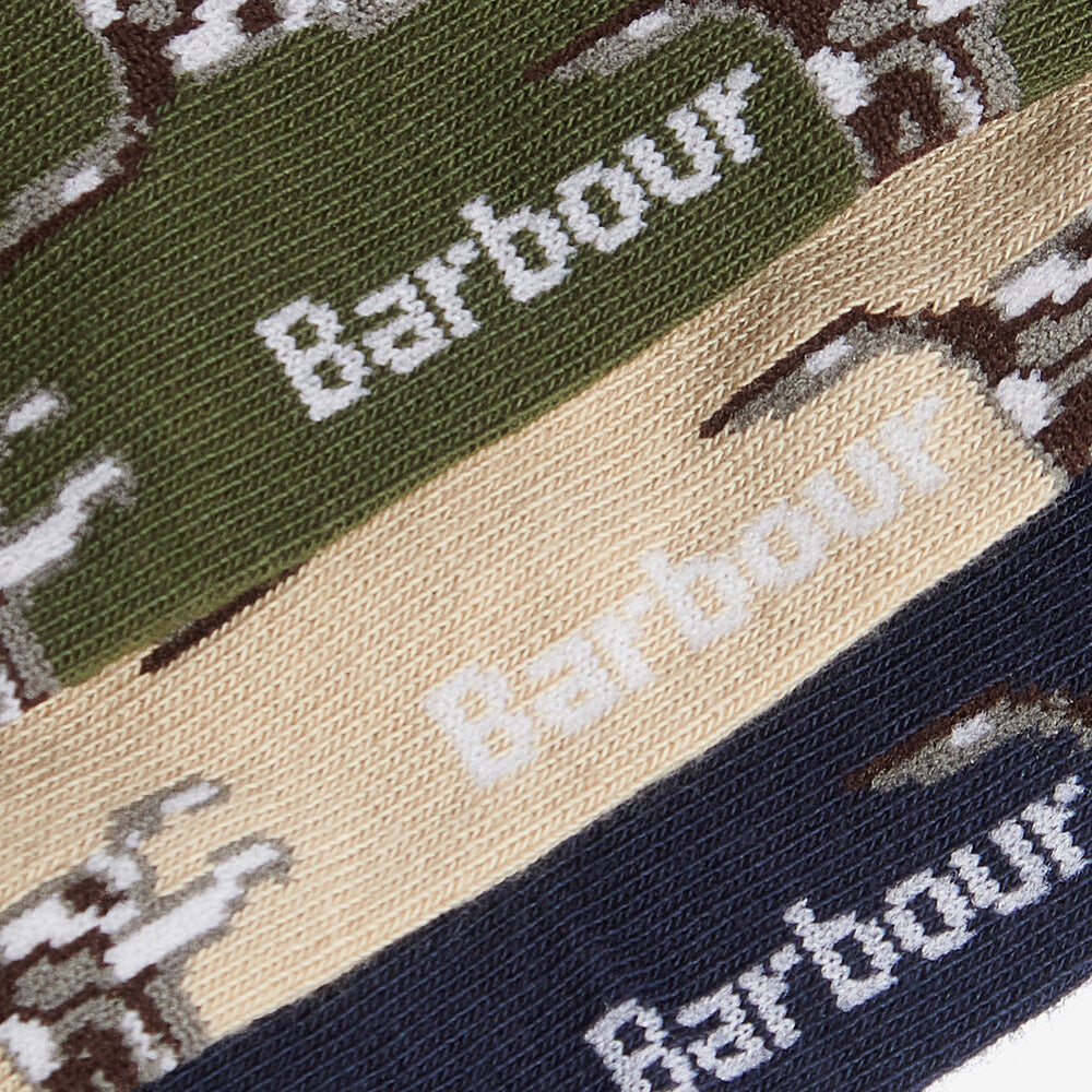 Barbour POINTER DOG SOCKS Mens Gift Box Forest Mist detail view featuring three color variations.