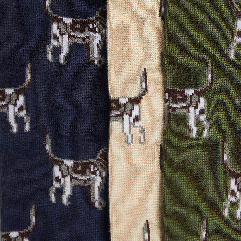 Barbour POINTER DOG SOCKS Mens Gift Box Forest Mist detail view showing three colors with dog patterns on cotton blend fabric