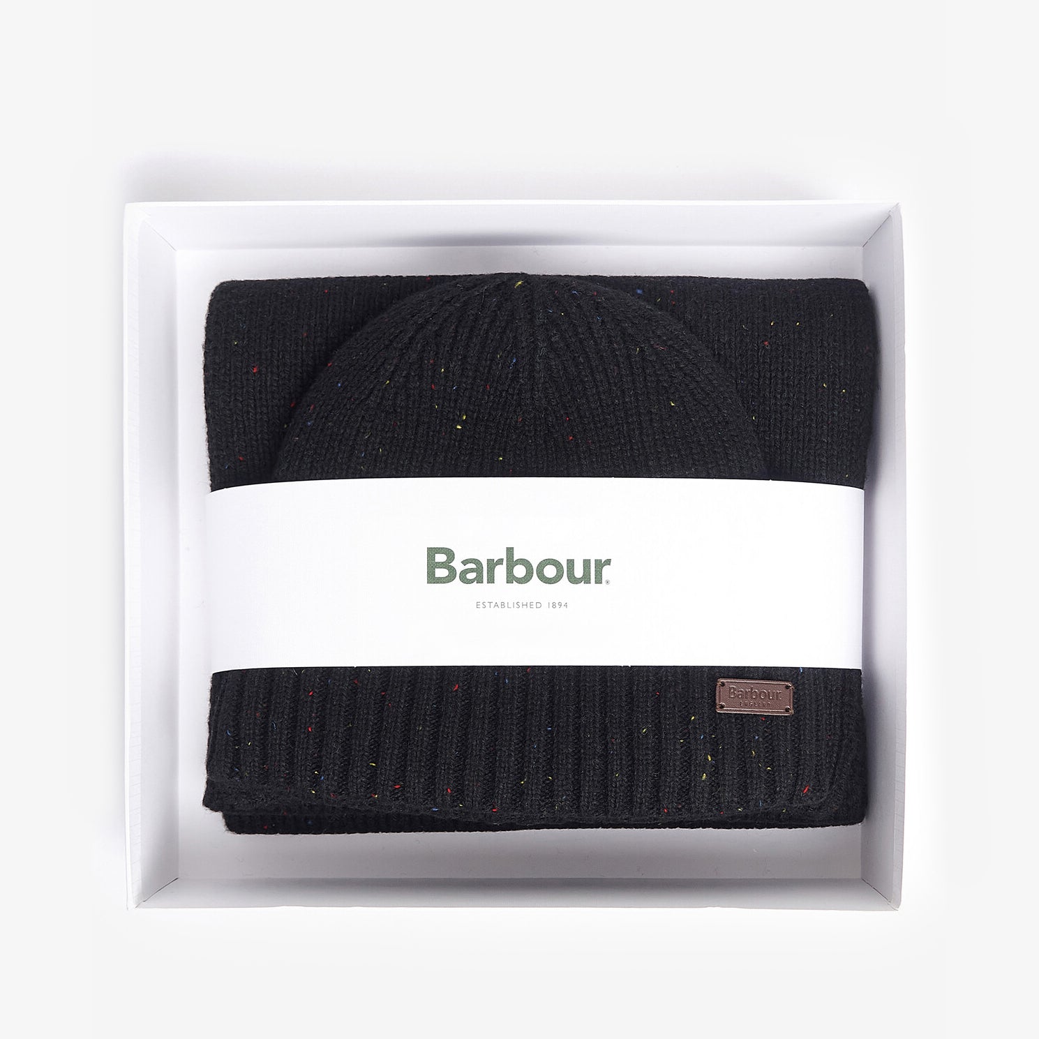 Barbour CARLTON FLECK BEANIE & SCARF Gift Set Mens Black front view in premium gift box