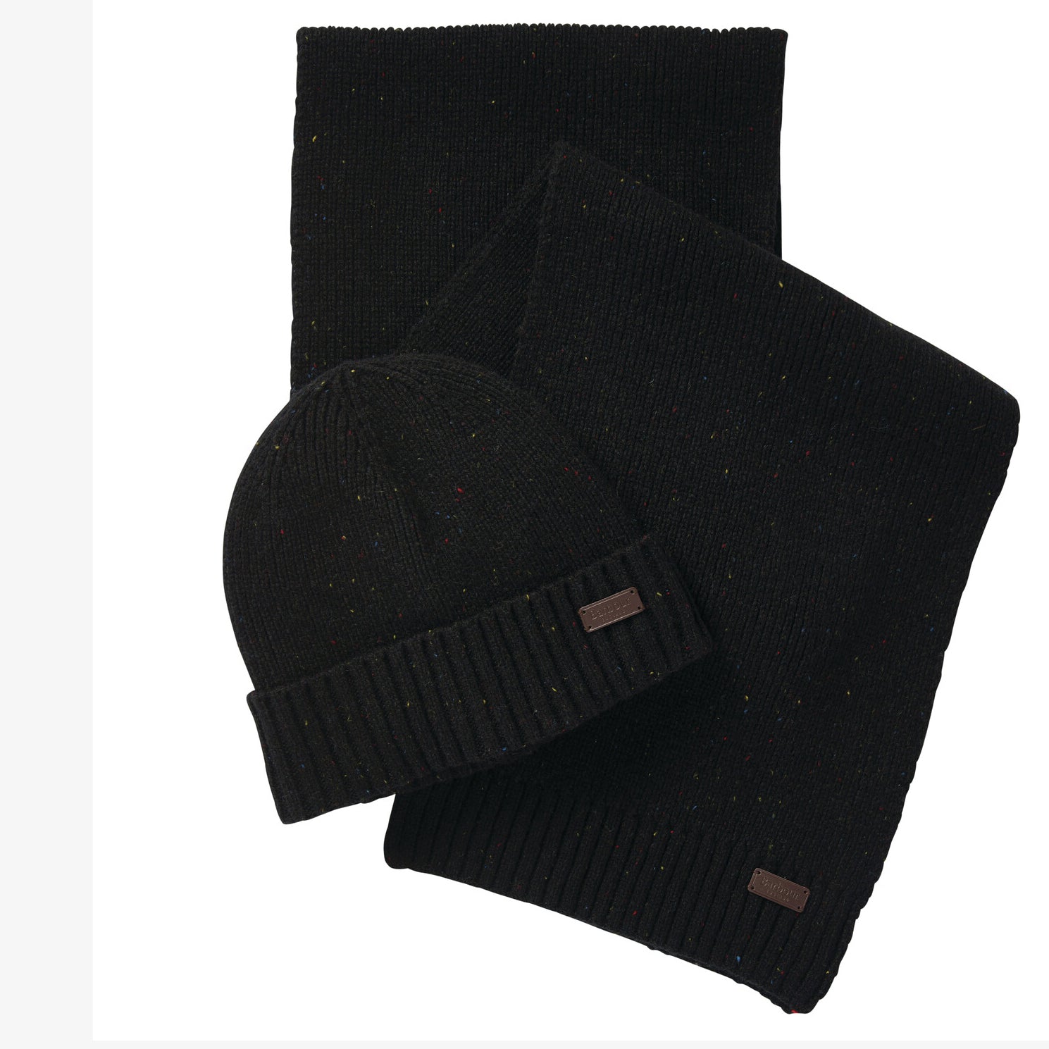 Barbour CARLTON FLECK BEANIE & SCARF Gift Set Mens Black flat lay view showcasing the beanie and scarf in black.