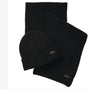 Barbour CARLTON FLECK BEANIE & SCARF Gift Set Mens Black flat lay view showcasing the beanie and scarf in black.