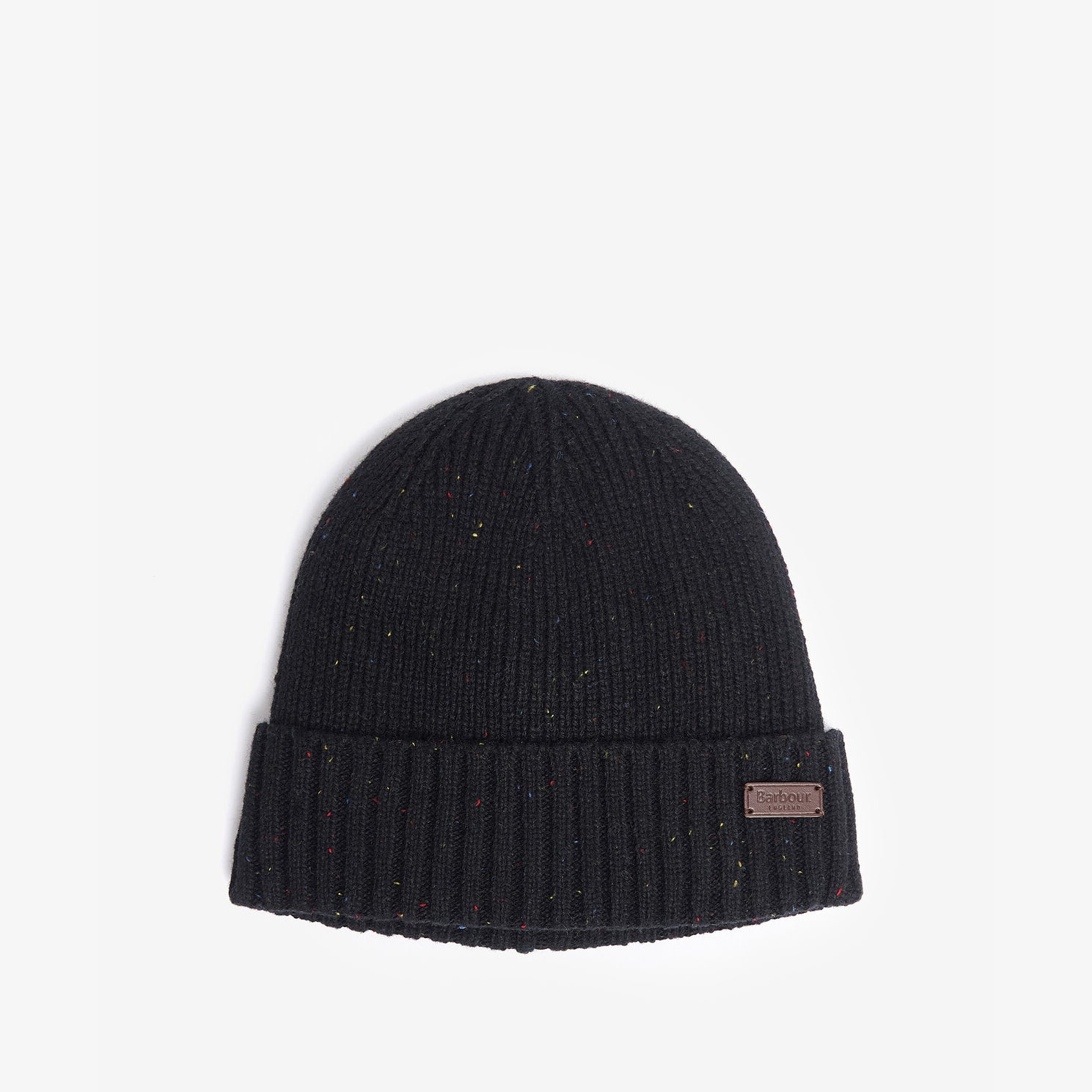 Barbour CARLTON FLECK BEANIE & SCARF Gift Set Mens Black, top view of knitted ribbed beanie with turnback hem.