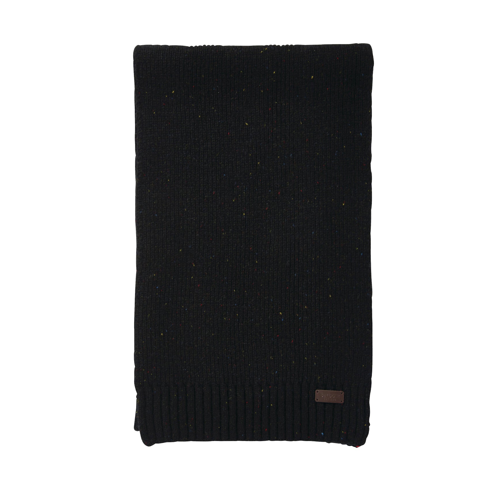 Barbour CARLTON FLECK BEANIE & SCARF Gift Set Mens Black - black knitted scarf front view with ribbed design