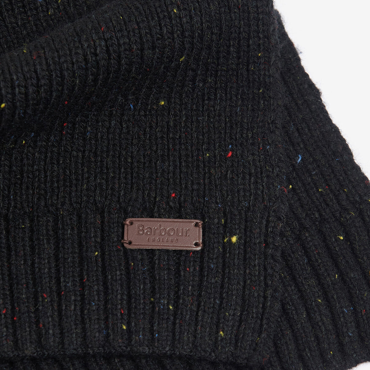 Barbour CARLTON FLECK BEANIE & SCARF Gift Set Mens Black detail view showcasing knitted design and brand tag.
