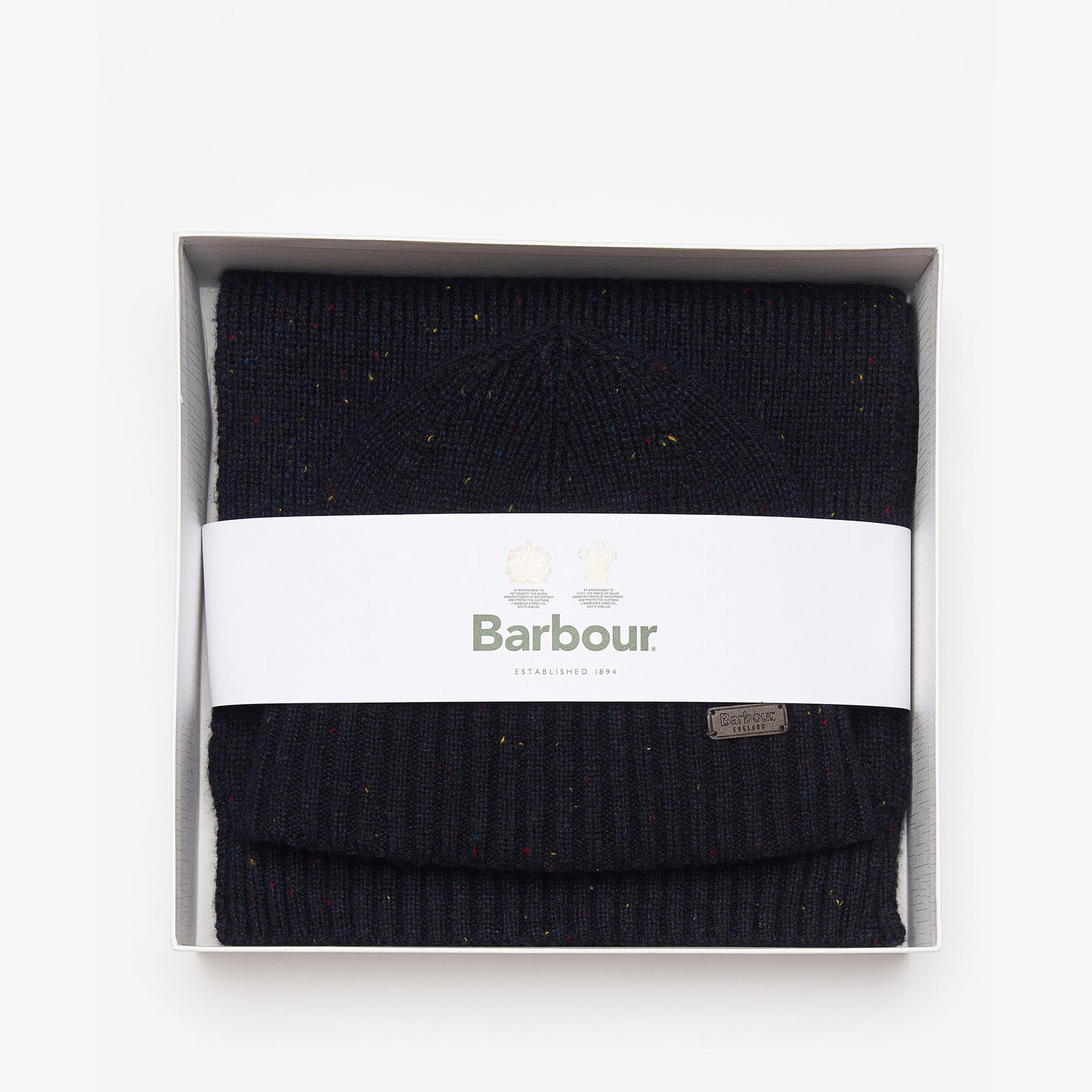 Barbour CARLTON FLECK BEANIE & SCARF Gift Set Mens Navy in premium gift box, top view of beanie and scarf.