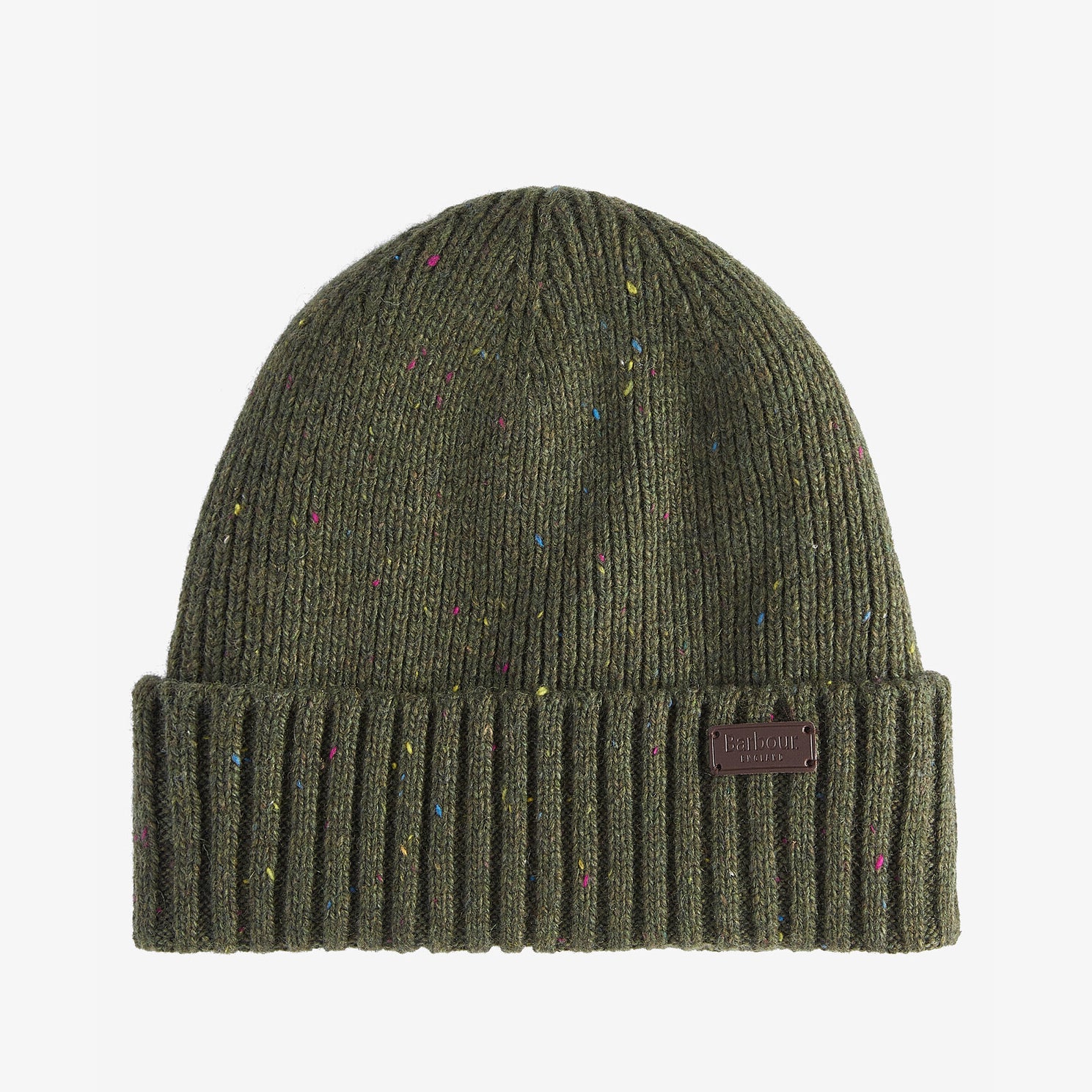 Barbour CARLTON FLECK BEANIE & SCARF Gift Set Mens Olive front view of knitted beanie with ribbed design.