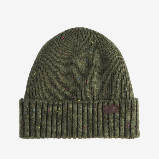 Barbour CARLTON FLECK BEANIE & SCARF Gift Set Mens Olive front view of knitted beanie with ribbed design.