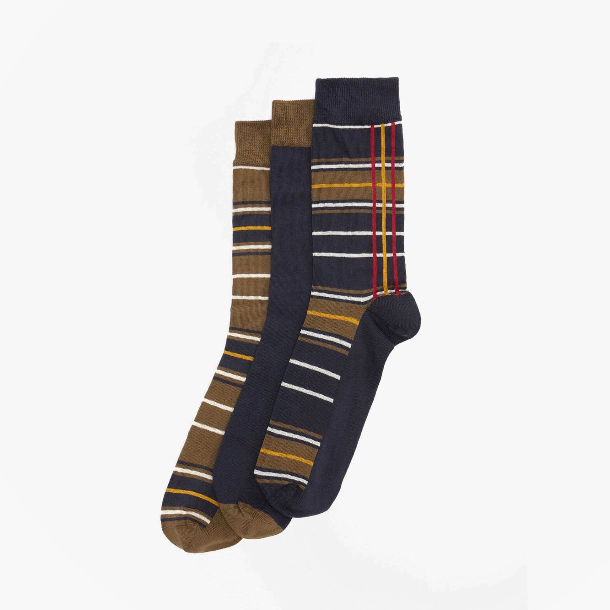 Barbour TARTAN SOCKS Mens 3 Pack Gift Box Classic Tartan front view showing three striped crew socks in assorted colors.