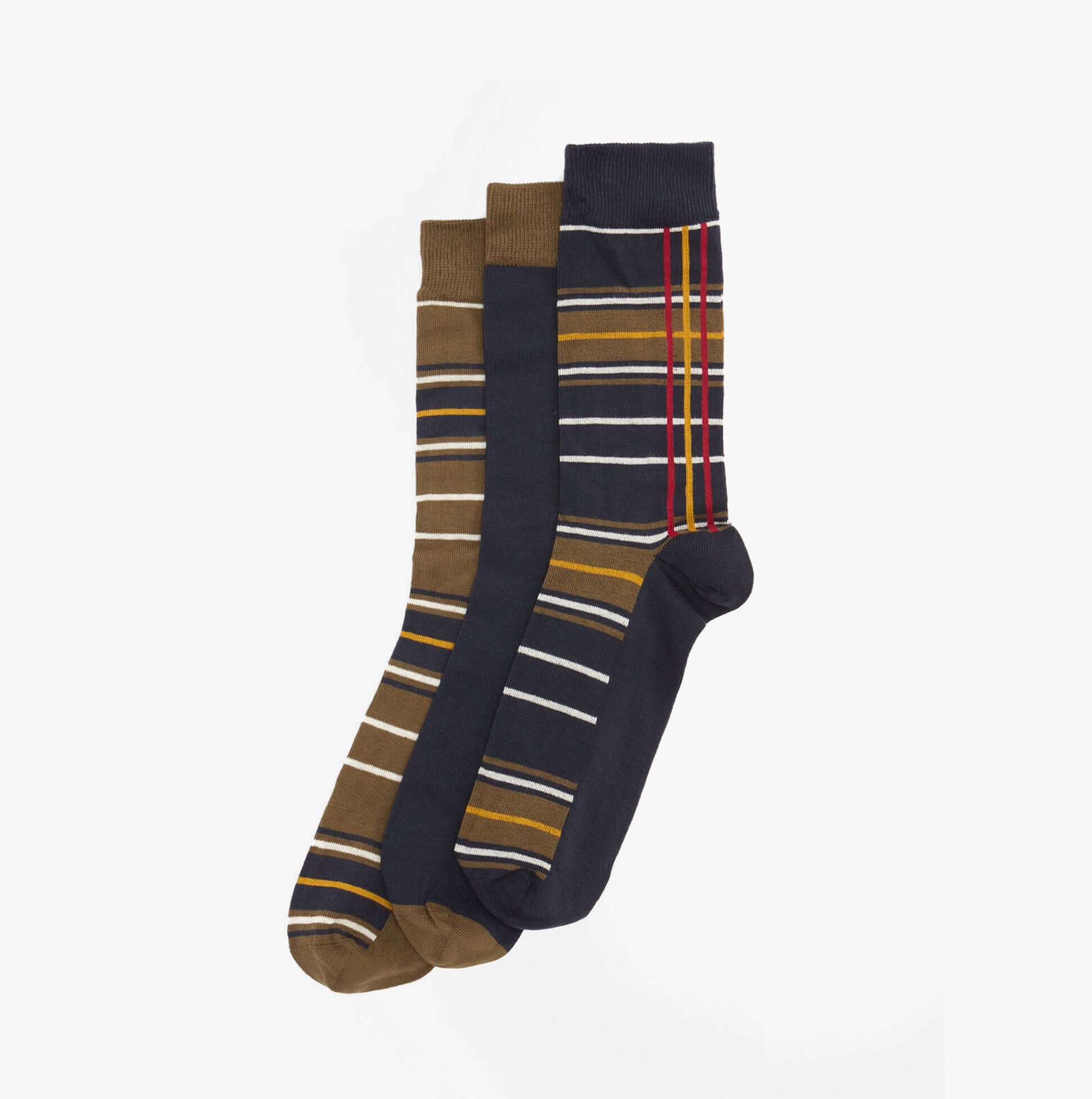 Barbour TARTAN SOCKS Mens 3 Pack Gift Box Classic Tartan front view showing three striped crew socks in assorted colors.