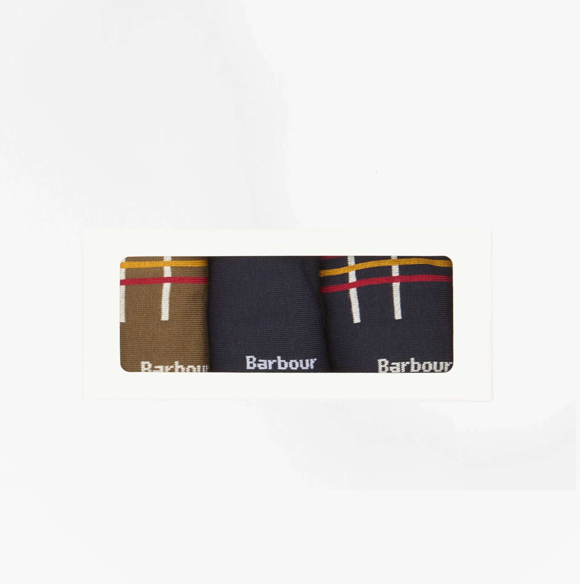 Barbour TARTAN SOCKS Mens 3 Pack Gift Box Classic Tartan front view showcasing three socks with tartan patterns.
