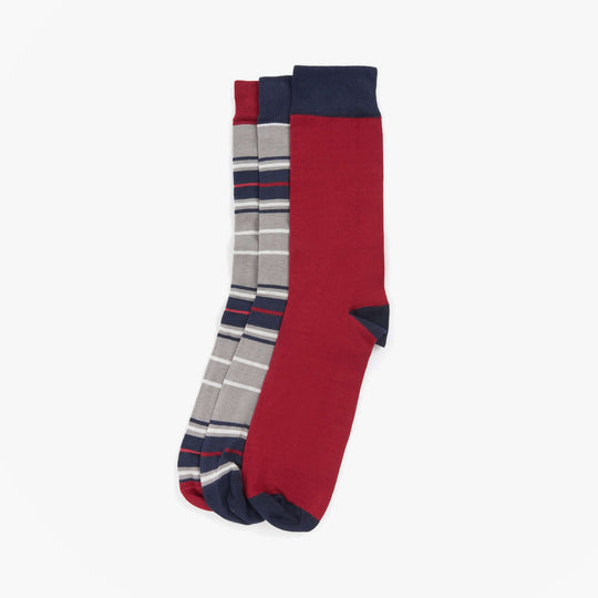 Barbour TARTAN SOCKS Mens 3 Pack Gift Box Blue Granite, front view showing three pairs of socks in red and gray patterns.