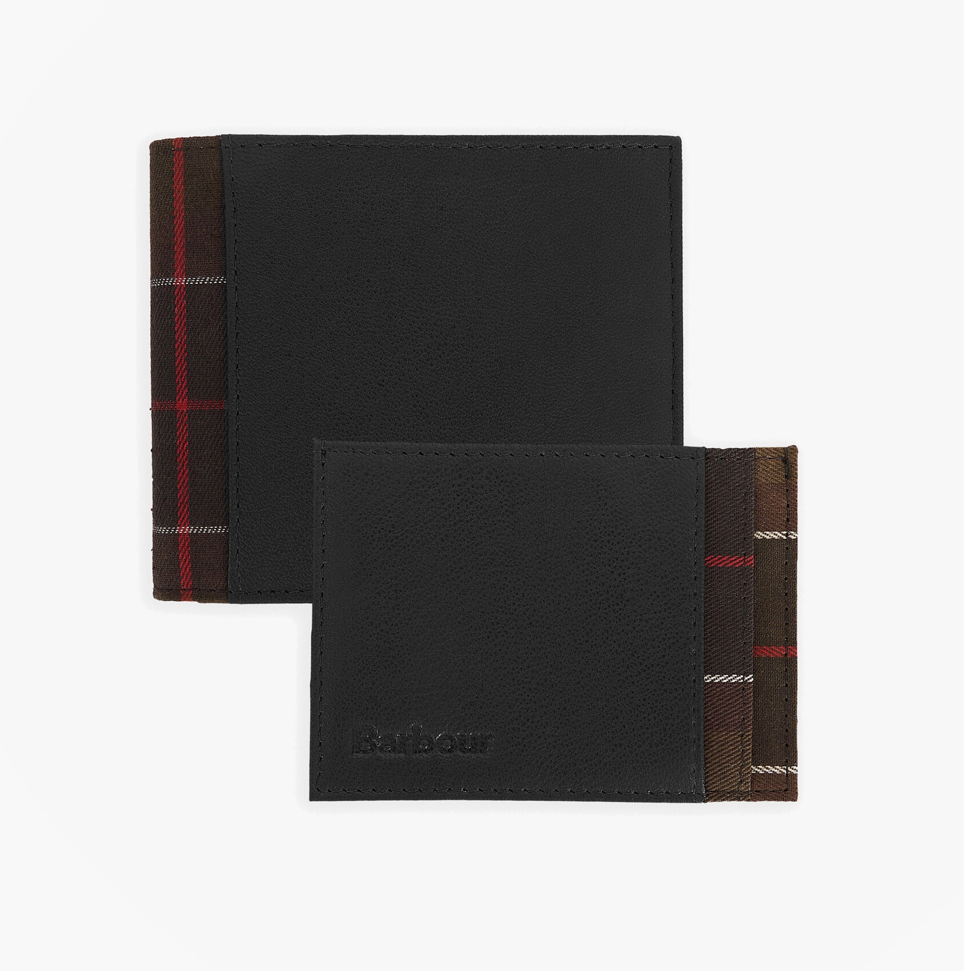 Barbour LEATHER/TARTAN WALLET & CARD HOLDER Gift Set Mens Wallet/Purse Black/Classic Tartan front view showing black leather and tartan trim.